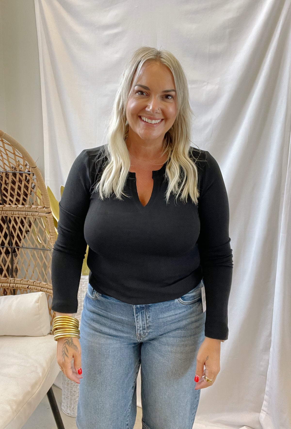 Be Cool Notched V Neck Long Sleeve Top-Long Sleeve Tops-be cool-The Silo Boutique, Women's Fashion Boutique Located in Warren and Grand Forks North Dakota