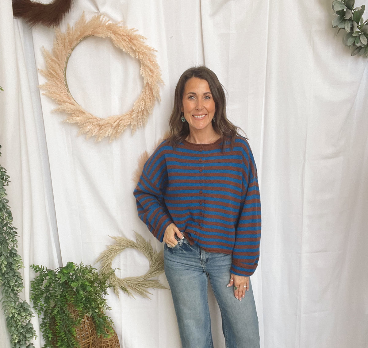 Dickie Striped Cardigan-Blue Brown-Cardigans-peach love-The Silo Boutique, Women's Fashion Boutique Located in Warren and Grand Forks North Dakota