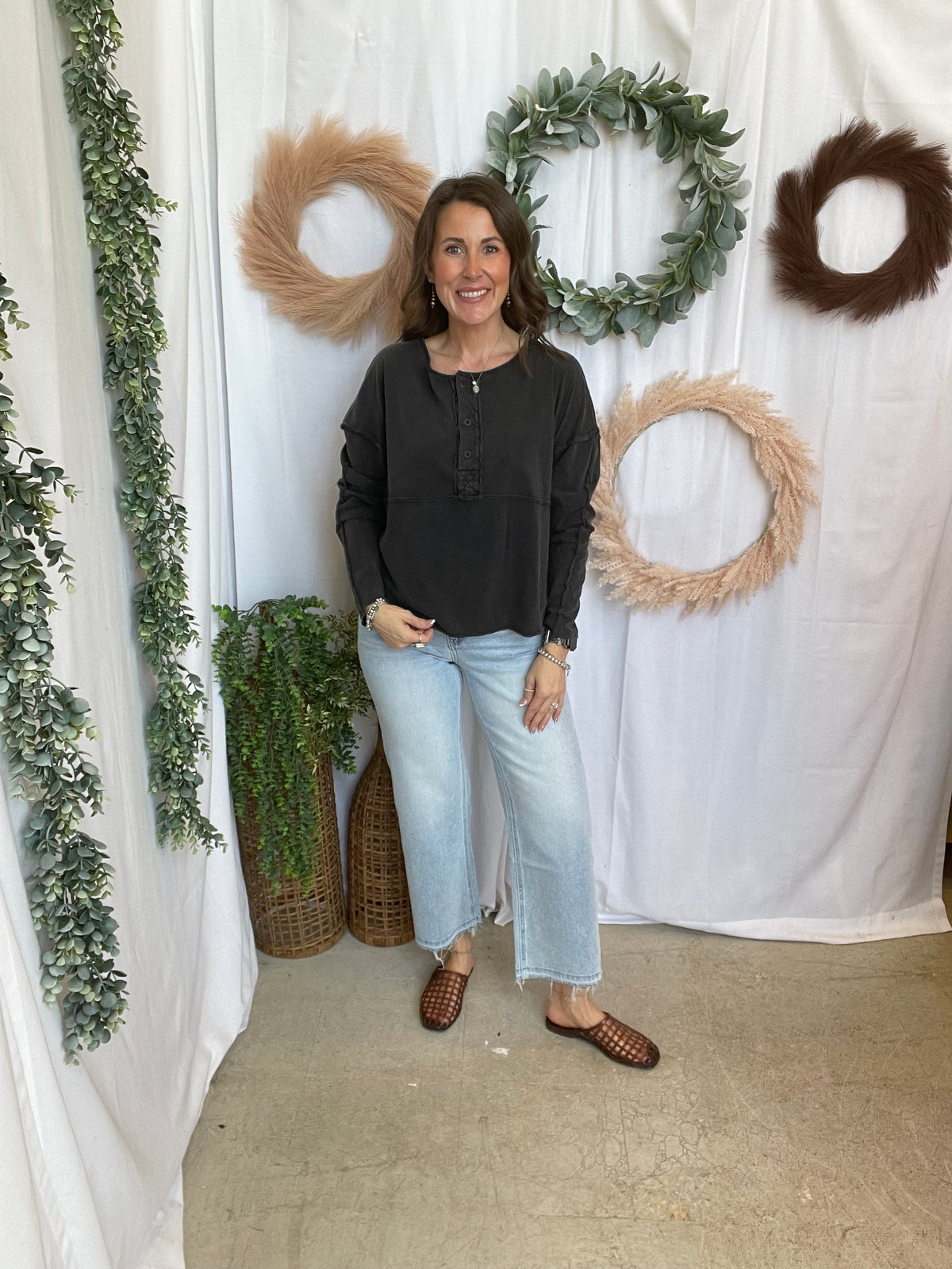 Libby Raw Edge Henley Top-Black-Long Sleeve Tops-hyfve-The Silo Boutique, Women's Fashion Boutique Located in Warren and Grand Forks North Dakota