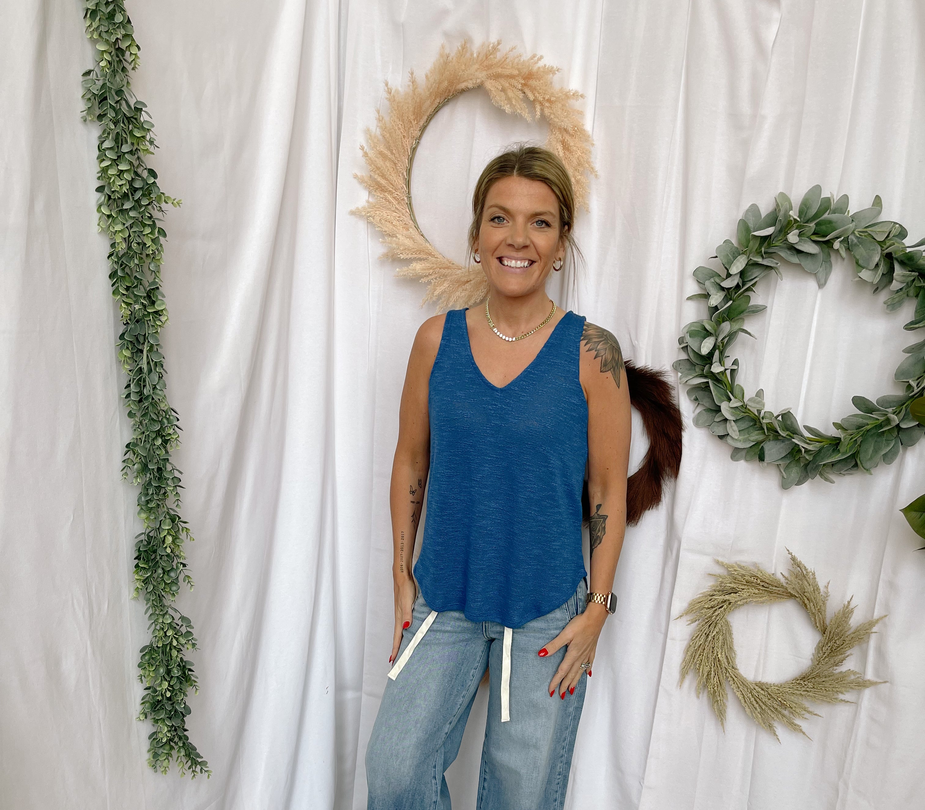 Mel V Neck Slub Tank Top-Blue-Tank Tops-Zenana-The Silo Boutique, Women's Fashion Boutique Located in Warren and Grand Forks North Dakota