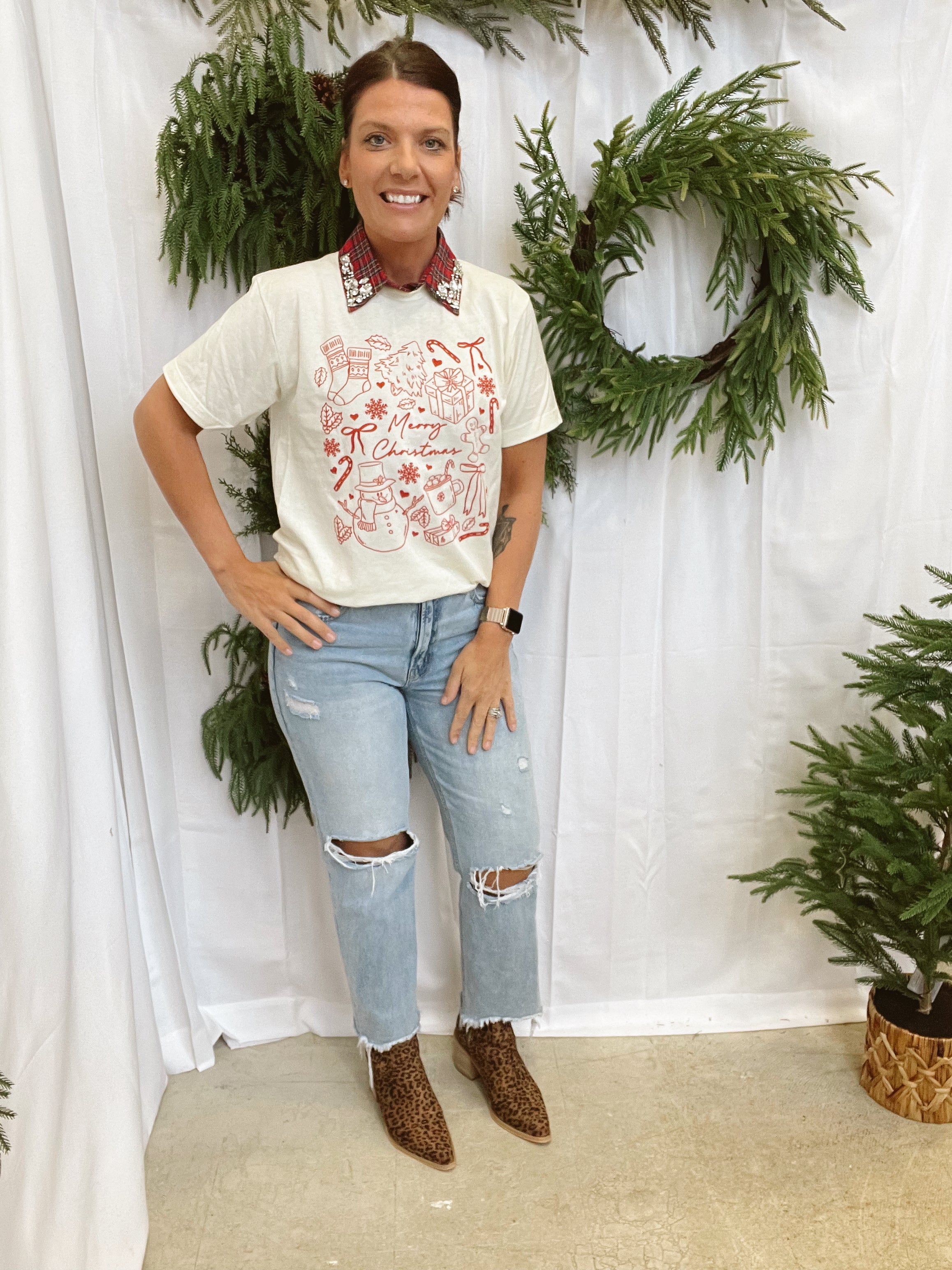 Corporate Collar-Red Christmas-Final Sale-Short Sleeve Tops-Summer Tees-The Silo Boutique, Women's Fashion Boutique Located in Warren and Grand Forks North Dakota