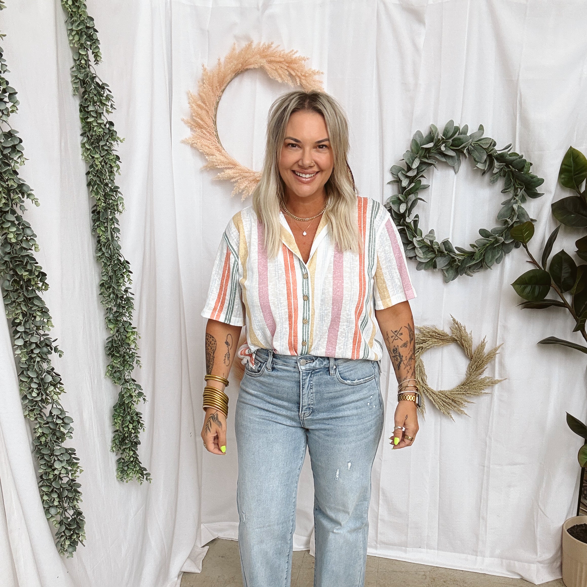 Multi Color Button Up Top-Short Sleeve Tops-hem and thread-The Silo Boutique, Women's Fashion Boutique Located in Warren and Grand Forks North Dakota