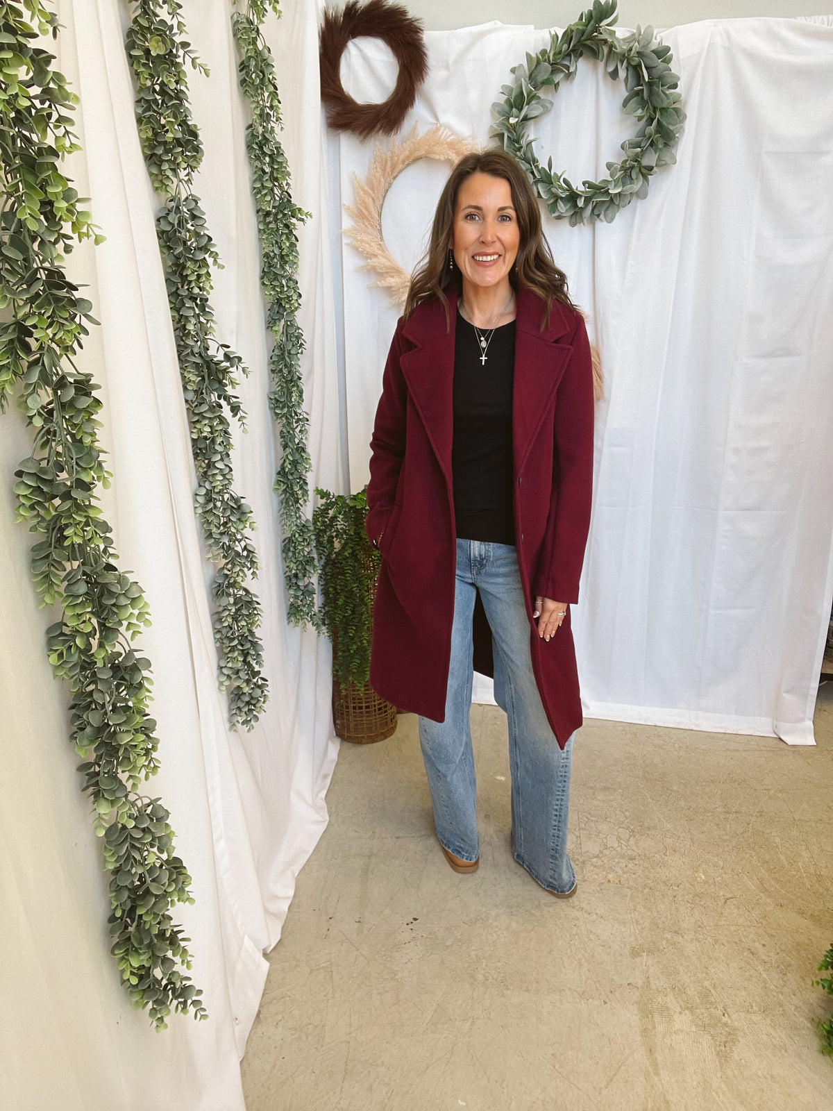 Nora Longline Lapel Coat-Burgundy-Coats & Jackets-love tree-The Silo Boutique, Women's Fashion Boutique Located in Warren and Grand Forks North Dakota