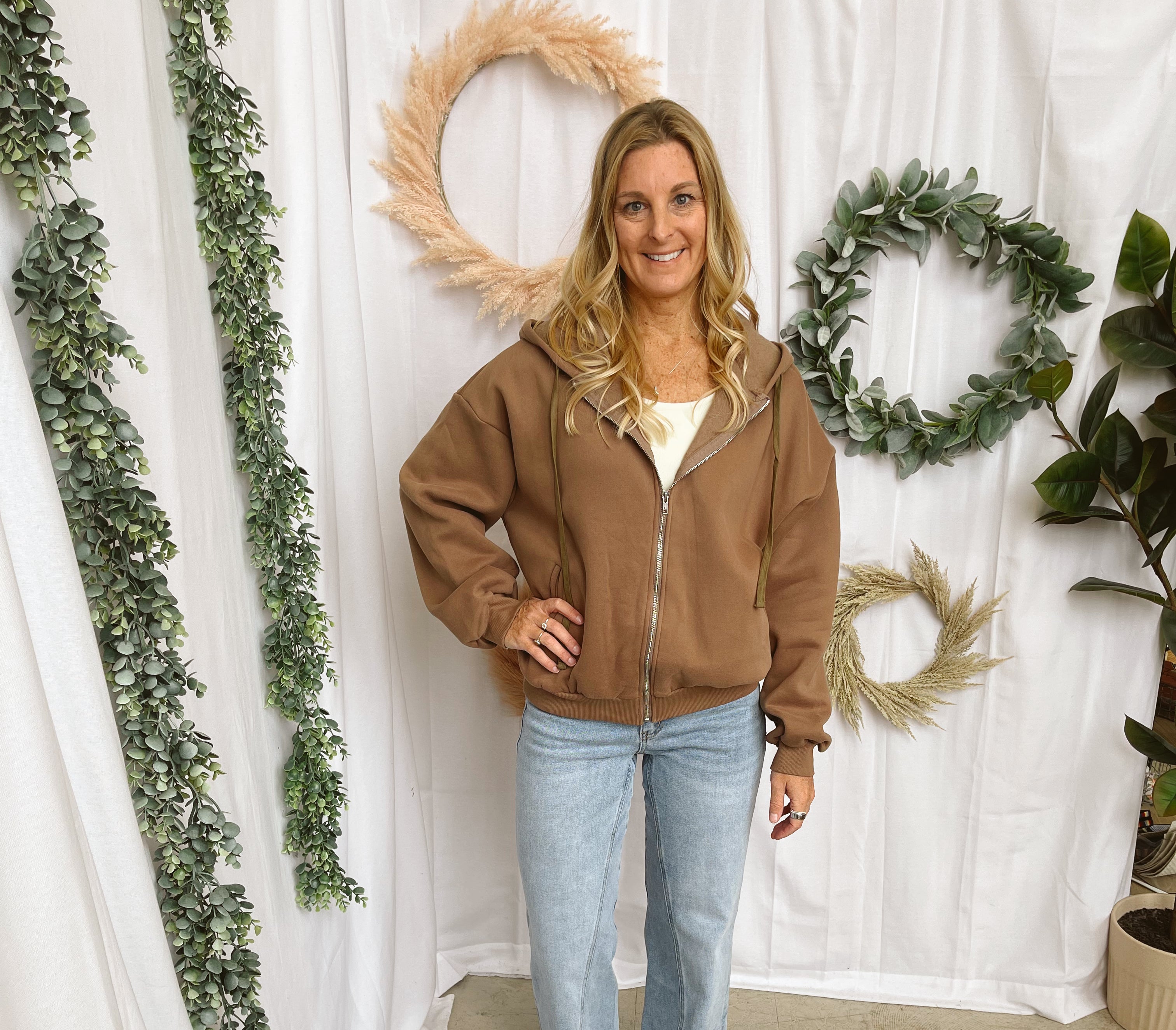 University Hooded Zip Sweatshirt-Coffee-Sweatshirts-tictoc-The Silo Boutique, Women's Fashion Boutique Located in Warren and Grand Forks North Dakota