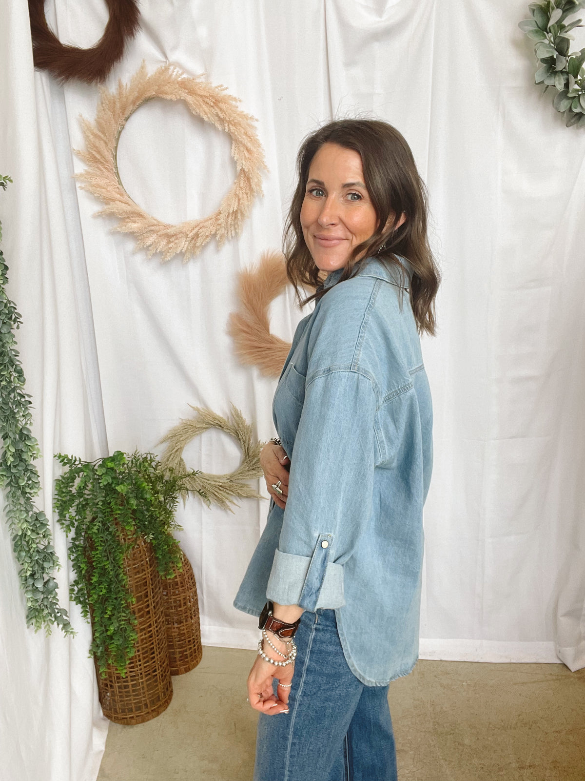 Sutton Denim Button Up Shirt-Long Sleeve Tops-blu pepper-The Silo Boutique, Women's Fashion Boutique Located in Warren and Grand Forks North Dakota