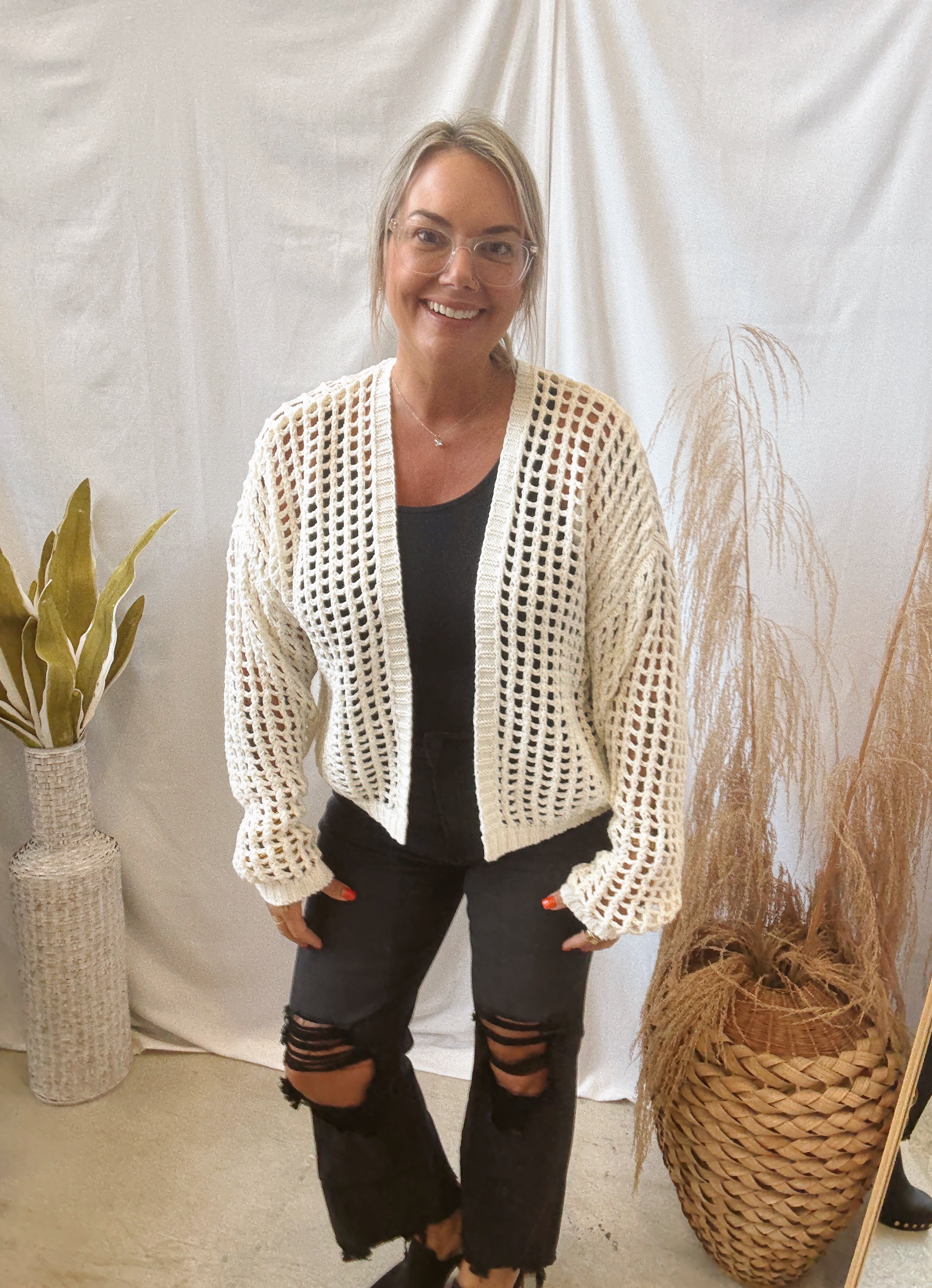 Rae Crochet Open Cardigan-Cardigans-Doe and Rae-The Silo Boutique, Women's Fashion Boutique Located in Warren and Grand Forks North Dakota