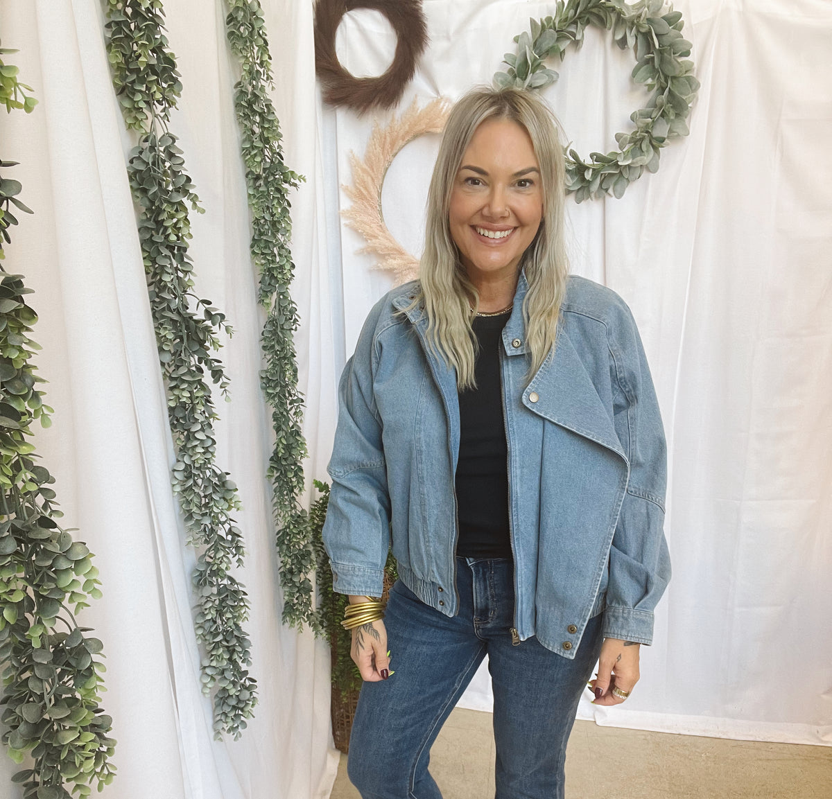 Be Cool Denim Bomber Jacket-Coats & Jackets-be cool-The Silo Boutique, Women's Fashion Boutique Located in Warren and Grand Forks North Dakota