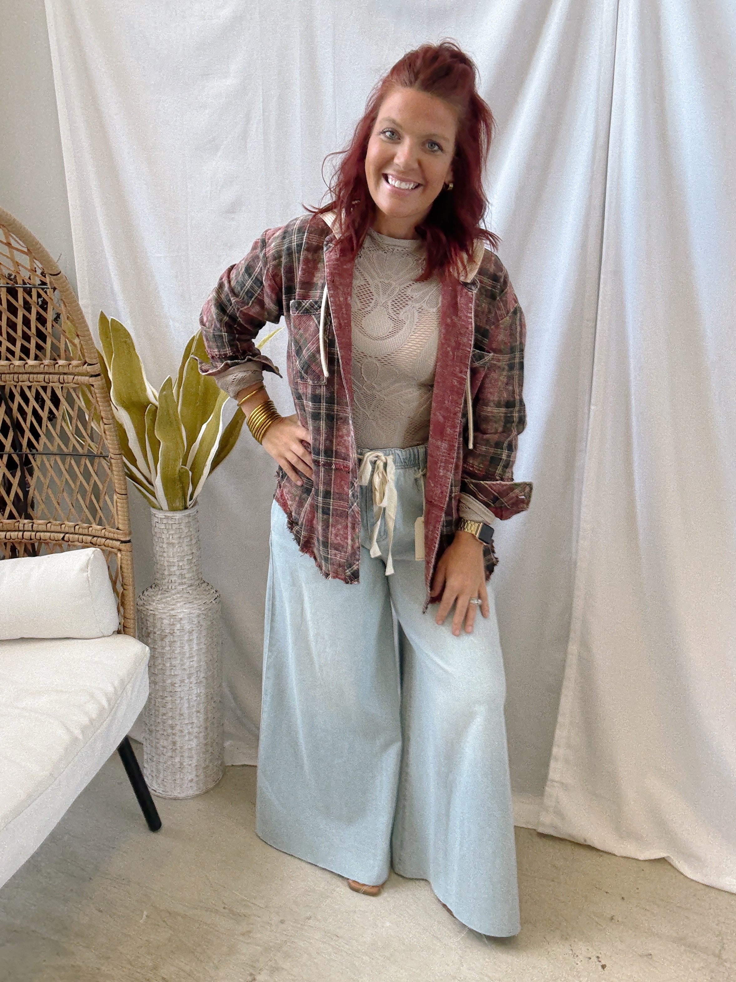 Washed Merlot Plaid Hooded Shacket-Final Sale-Blazers-mystree-The Silo Boutique, Women's Fashion Boutique Located in Warren and Grand Forks North Dakota