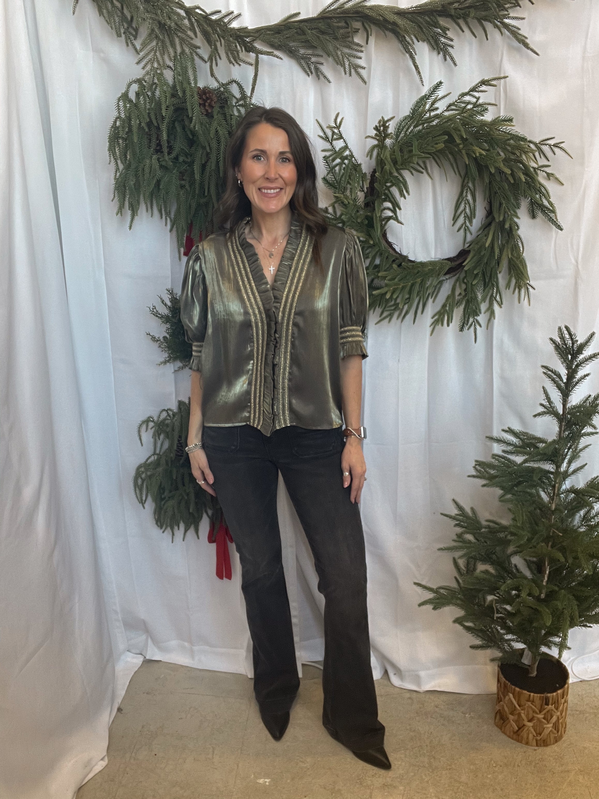 Glam Ruffle Smocked Top-Olive-Final Sale-Short Sleeve Tops-glam-The Silo Boutique, Women's Fashion Boutique Located in Warren and Grand Forks North Dakota