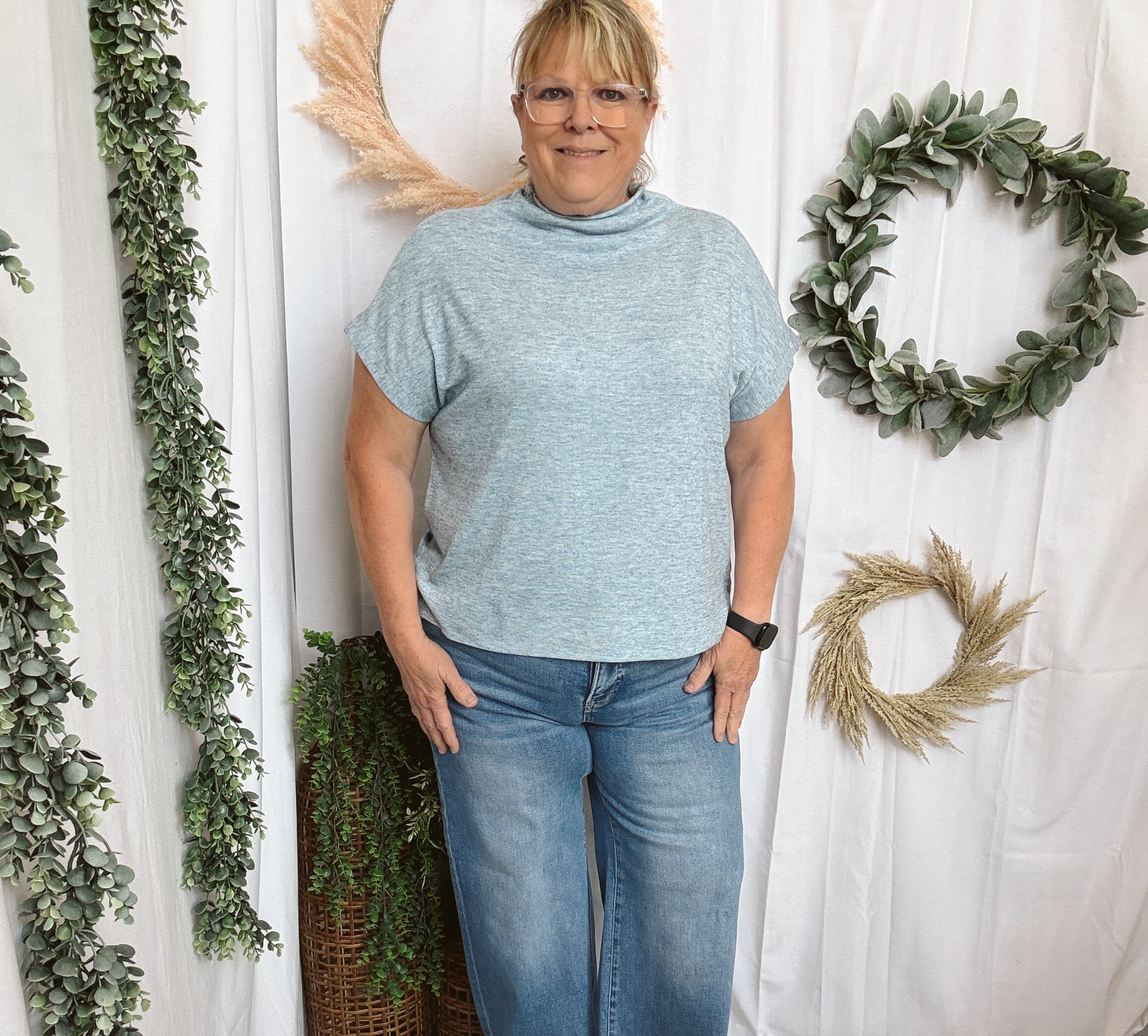 Becca Basic Mock Short Sleeve Top-Blue-Short Sleeve Tops-entro-The Silo Boutique, Women's Fashion Boutique Located in Warren and Grand Forks North Dakota