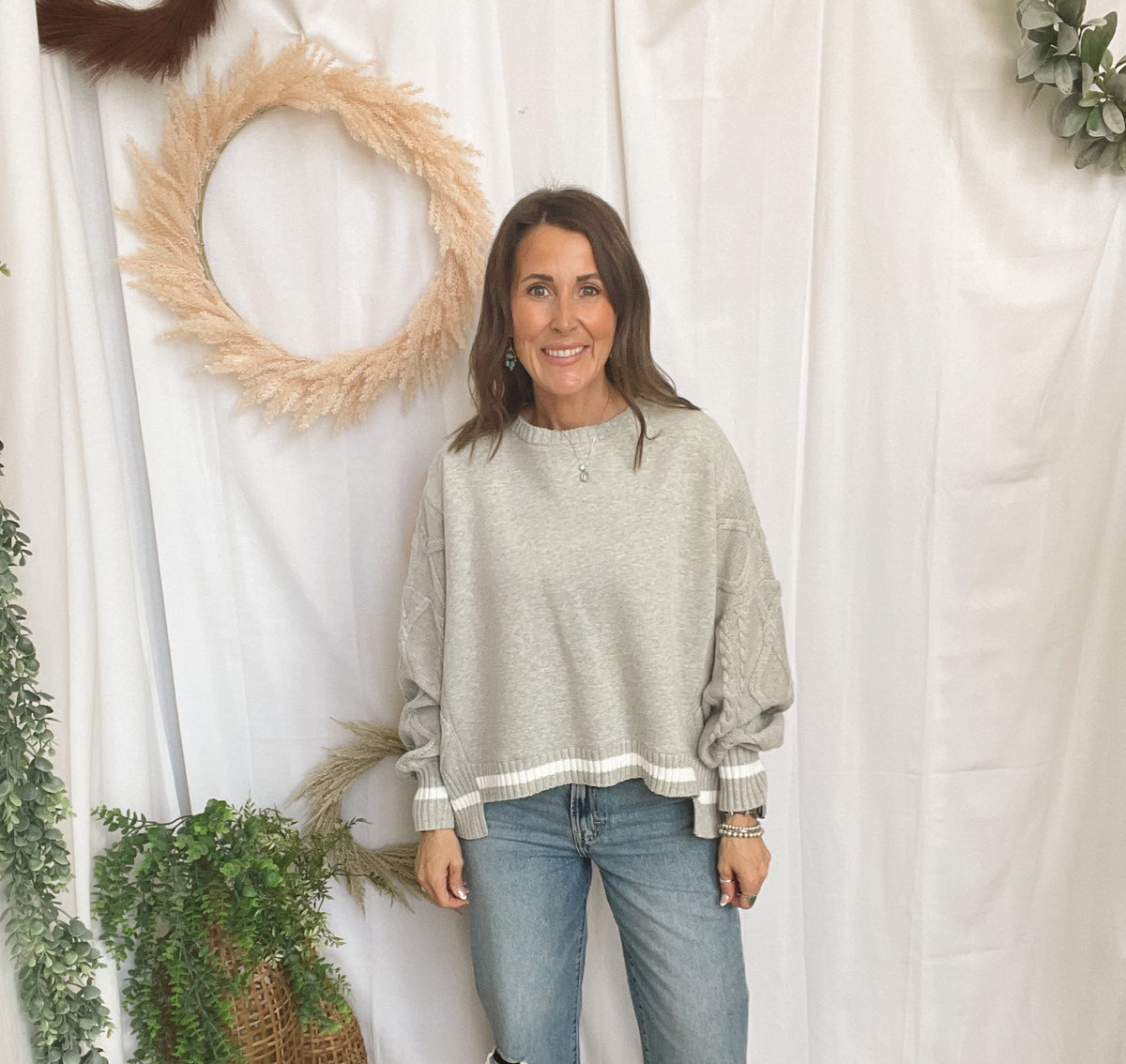 Lisa Cable Knit Sleeve Sweatshirt-Grey-Cardigans-lelis-The Silo Boutique, Women's Fashion Boutique Located in Warren and Grand Forks North Dakota