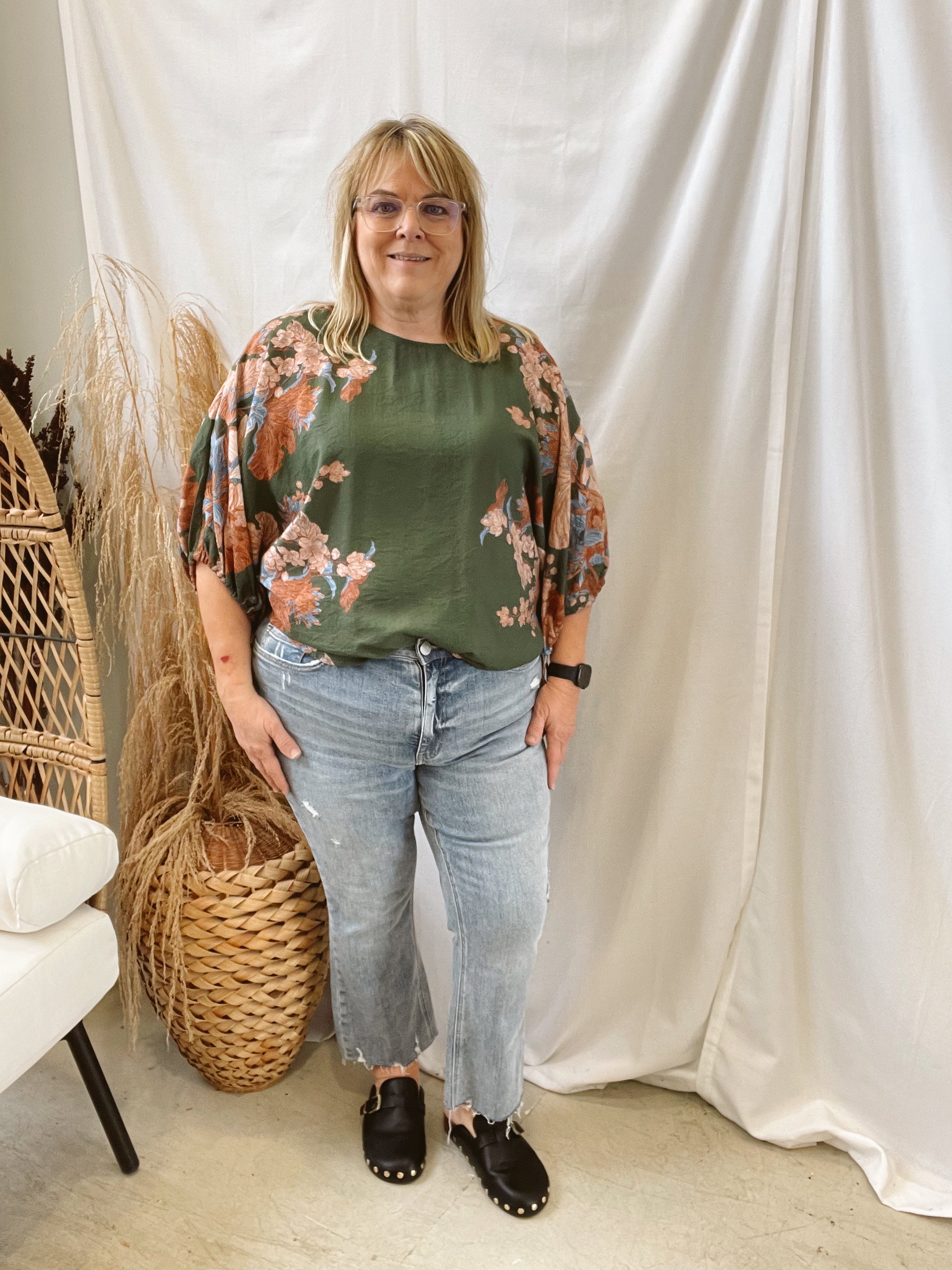 Floral Gathered Sleeve Top-Olive-Final Sale-Short Sleeve Tops-ENTRO-The Silo Boutique, Women's Fashion Boutique Located in Warren and Grand Forks North Dakota