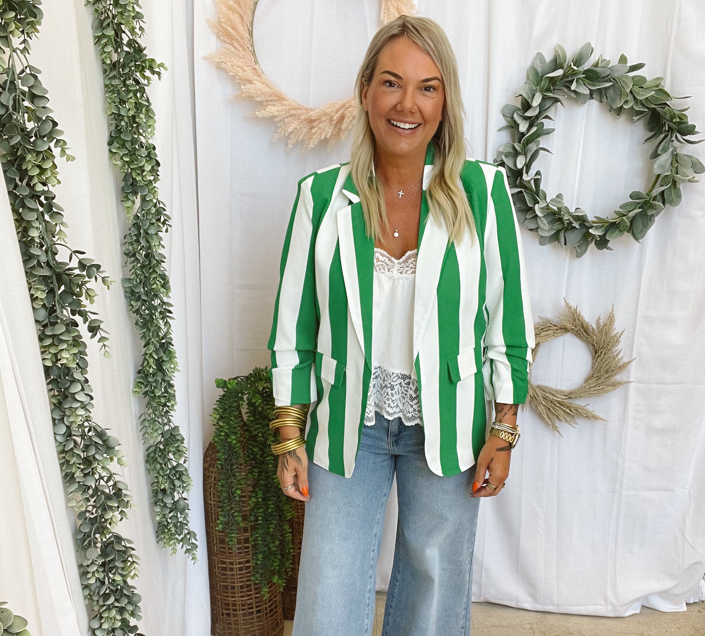 Viv Striped Blazer-Green-Blazers-oddi-The Silo Boutique, Women's Fashion Boutique Located in Warren and Grand Forks North Dakota
