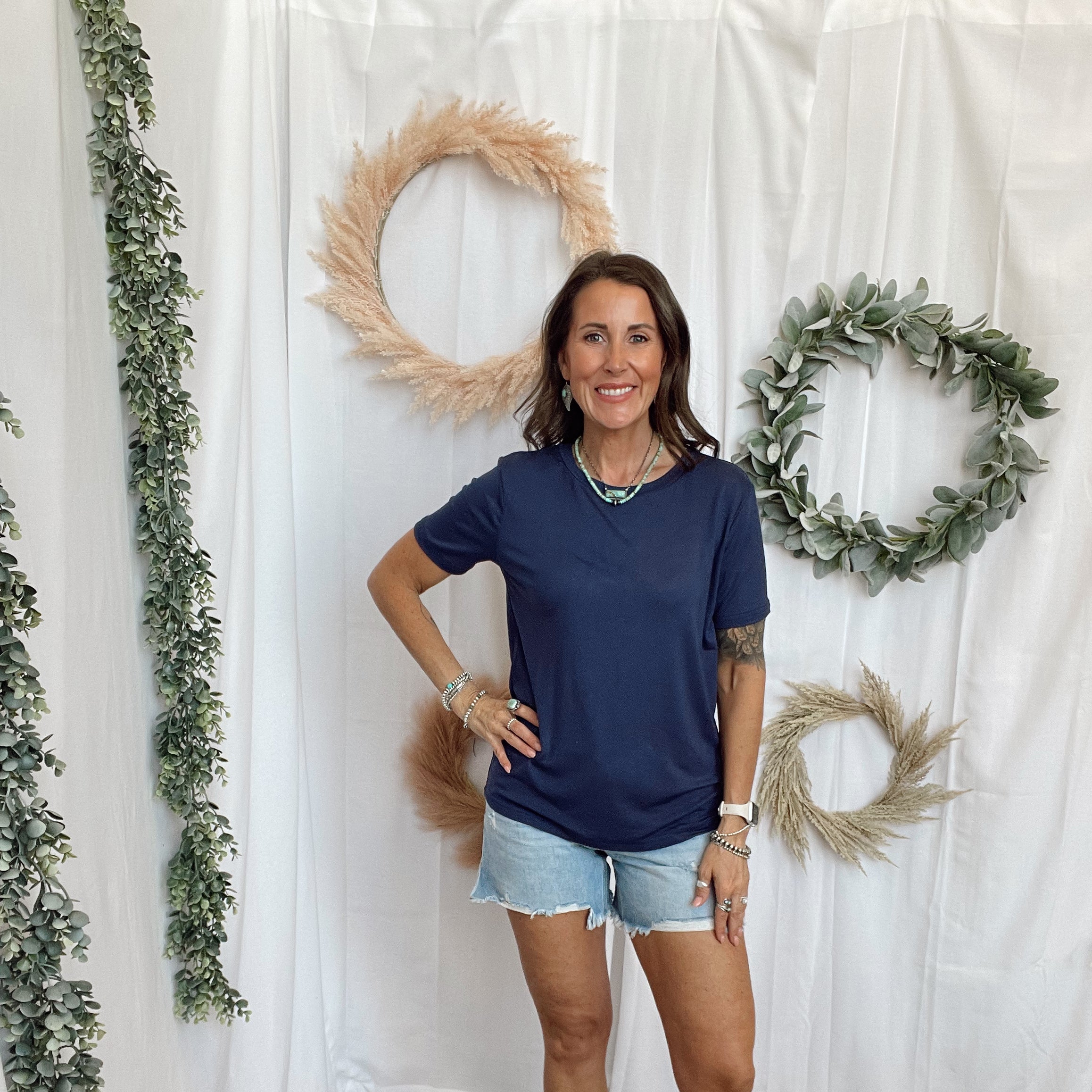 Bella Basic Round Neck Top-Navy-Short Sleeve Tops-staccato-The Silo Boutique, Women's Fashion Boutique Located in Warren and Grand Forks North Dakota