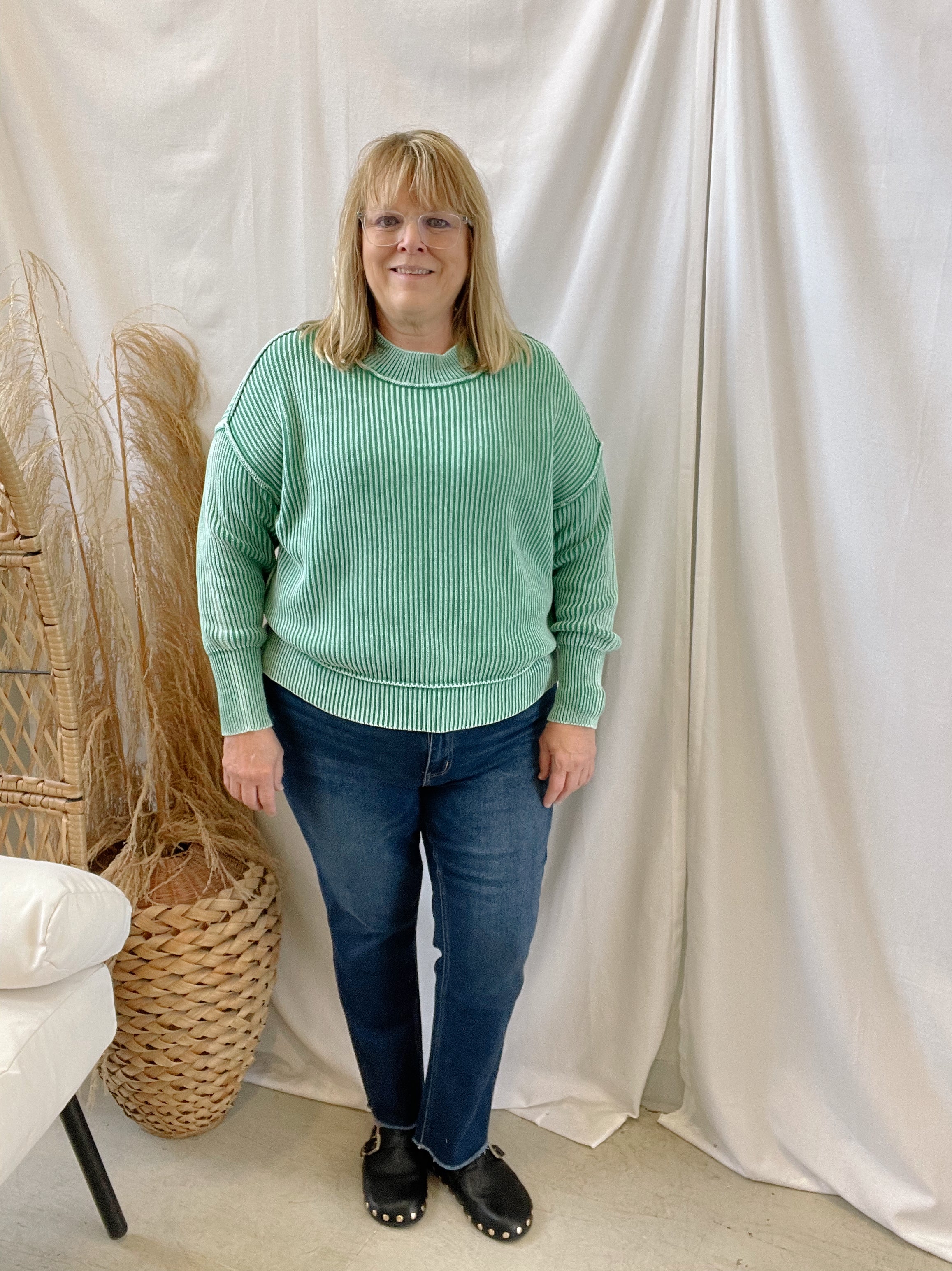 Green Wash Side Slit Sweater-Sweaters-Zenana-The Silo Boutique, Women's Fashion Boutique Located in Warren and Grand Forks North Dakota