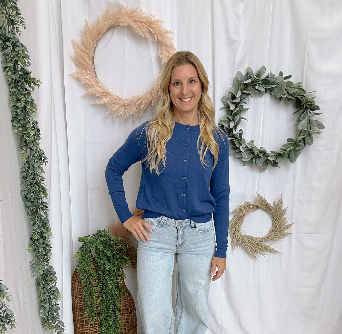 Celia Button Up Cardigan-Blue-Cardigans-staccato-The Silo Boutique, Women's Fashion Boutique Located in Warren and Grand Forks North Dakota