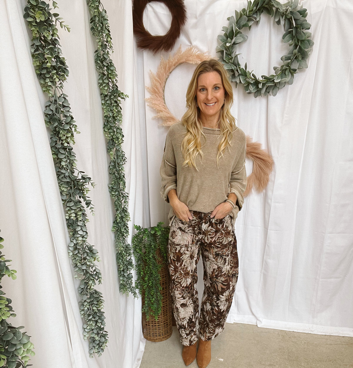 Dani Tapestry Brown Barrel Pants-Jeans-davi dani-The Silo Boutique, Women's Fashion Boutique Located in Warren and Grand Forks North Dakota