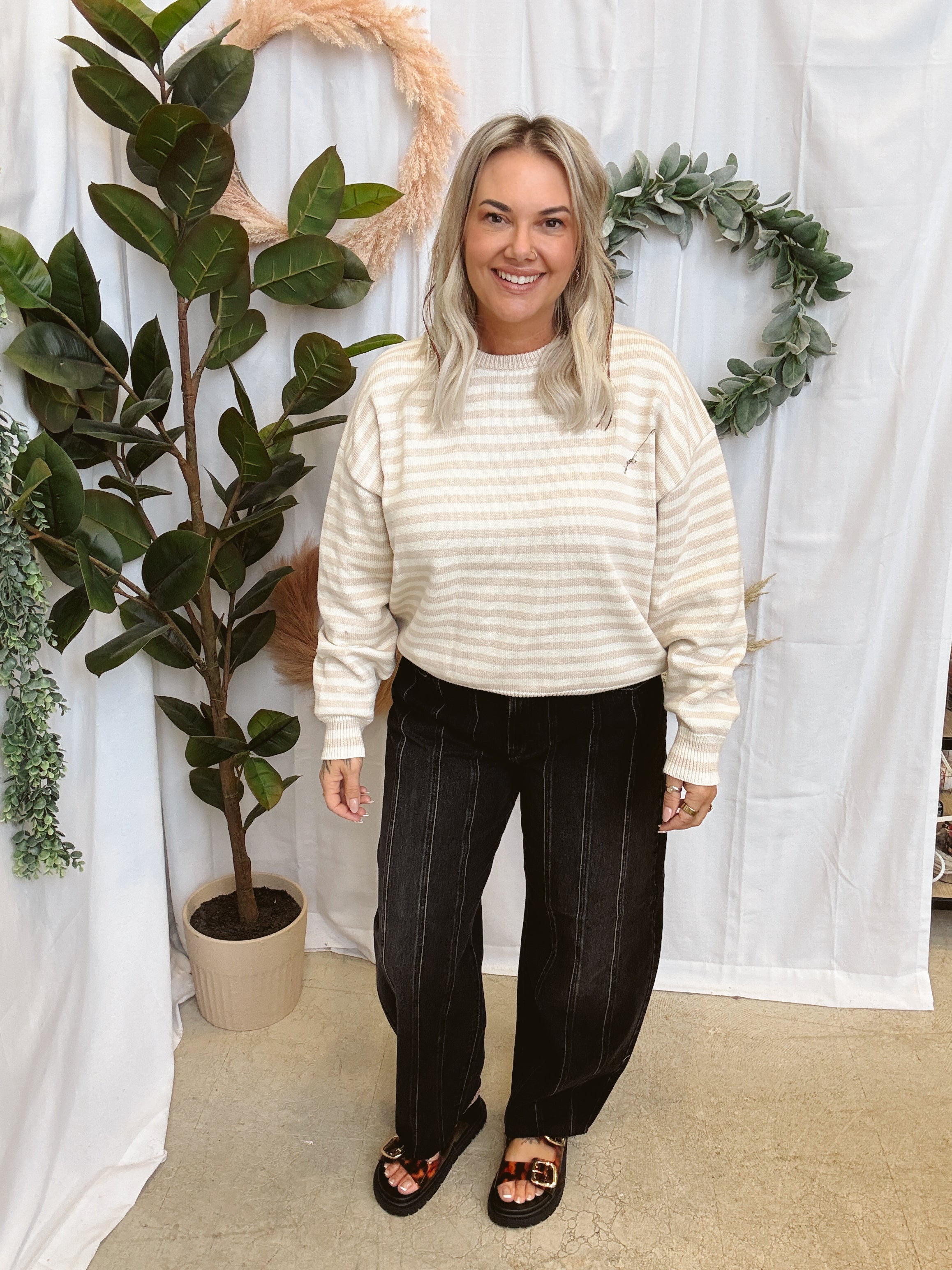 Champagne Stripe Sweater-Sweaters-wishlist-The Silo Boutique, Women's Fashion Boutique Located in Warren and Grand Forks North Dakota