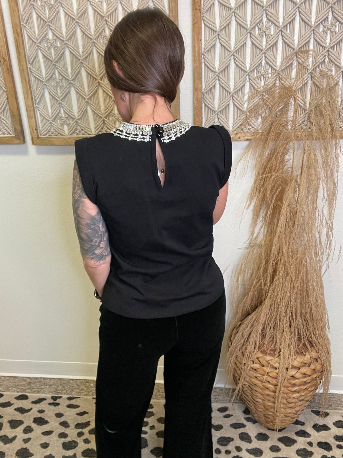 Elan Rhinestone Neck Sleeveless Top-Black-Tank Tops-elan-The Silo Boutique, Women's Fashion Boutique Located in Warren and Grand Forks North Dakota