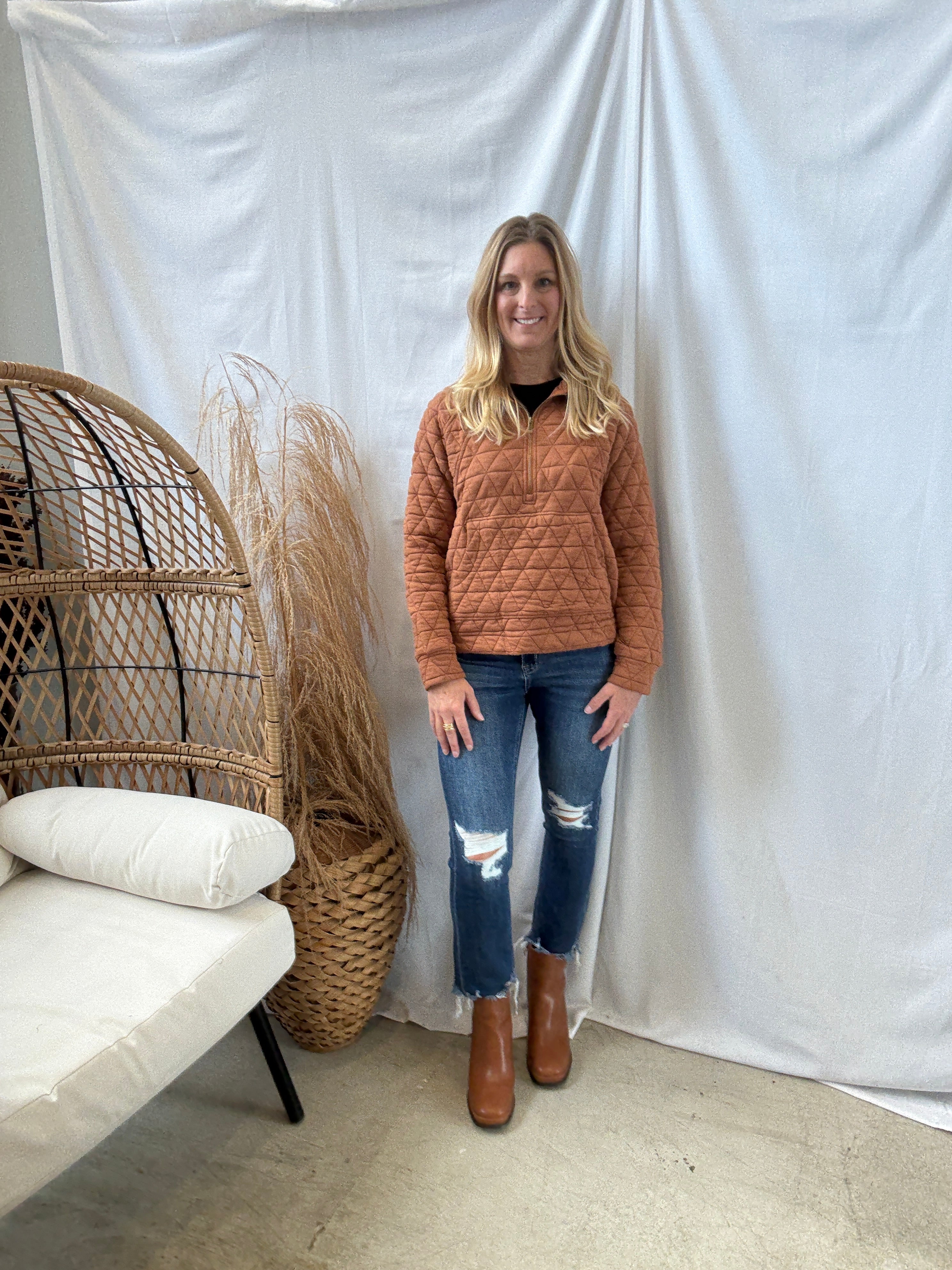 Quilted Copper Quarter Zip-Sweatshirts-stacatto-The Silo Boutique, Women's Fashion Boutique Located in Warren and Grand Forks North Dakota