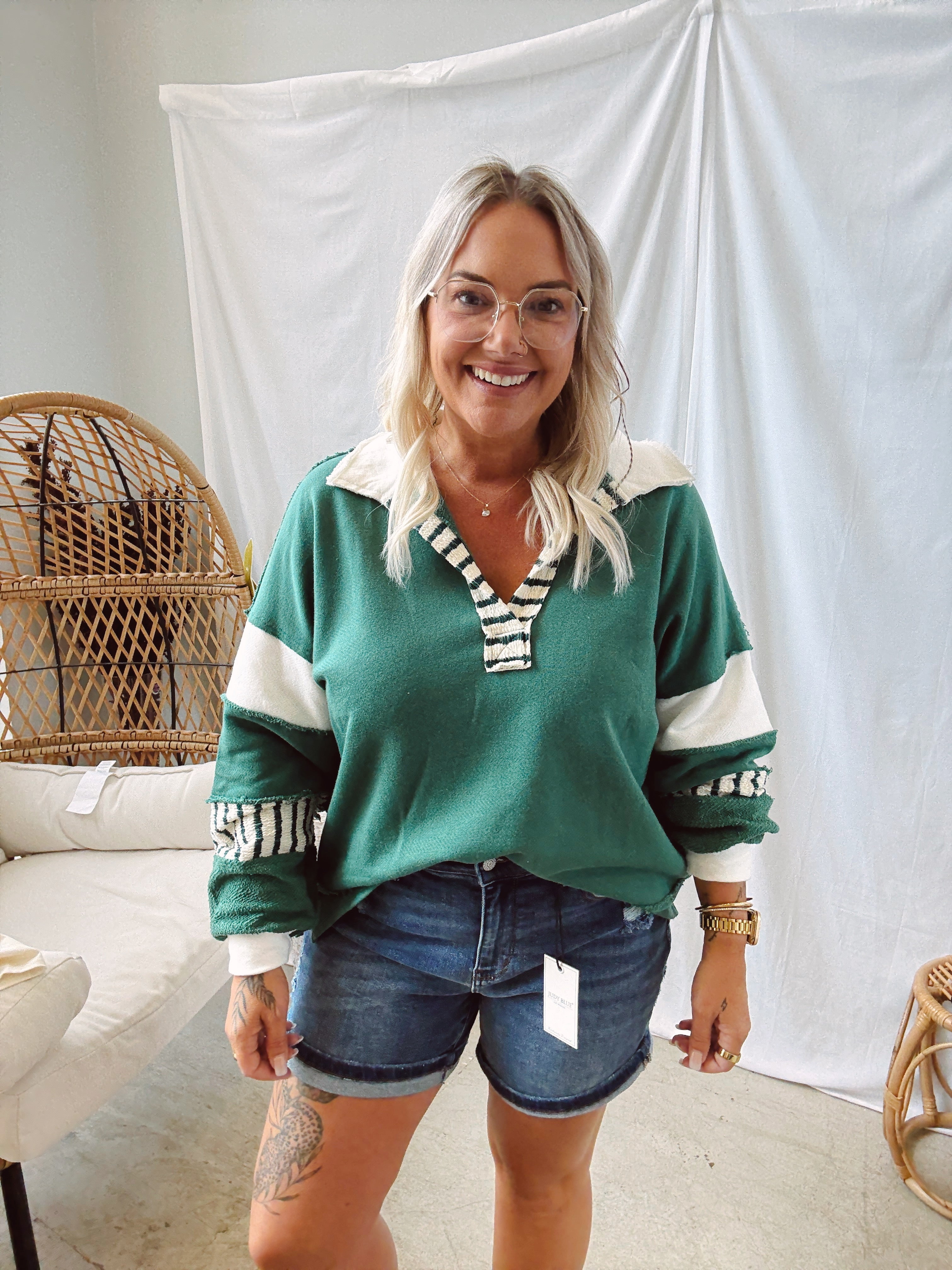 Green Collared Oversized Sweatshirt-Long Sleeve Tops-bucketlist-The Silo Boutique, Women's Fashion Boutique Located in Warren and Grand Forks North Dakota