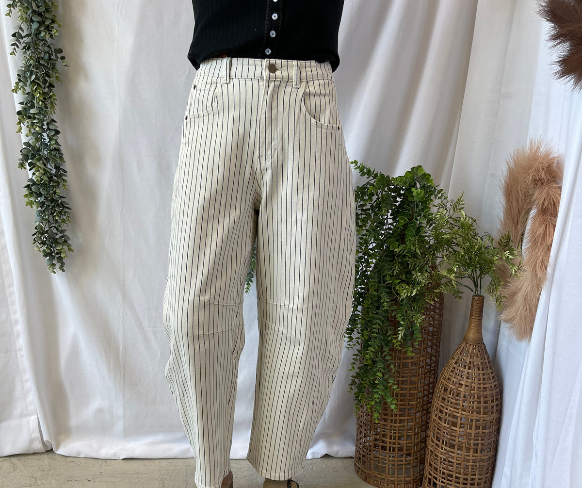 Pinstriped Pattern Barrel Pants-Jeans-miou muse-The Silo Boutique, Women's Fashion Boutique Located in Warren and Grand Forks North Dakota