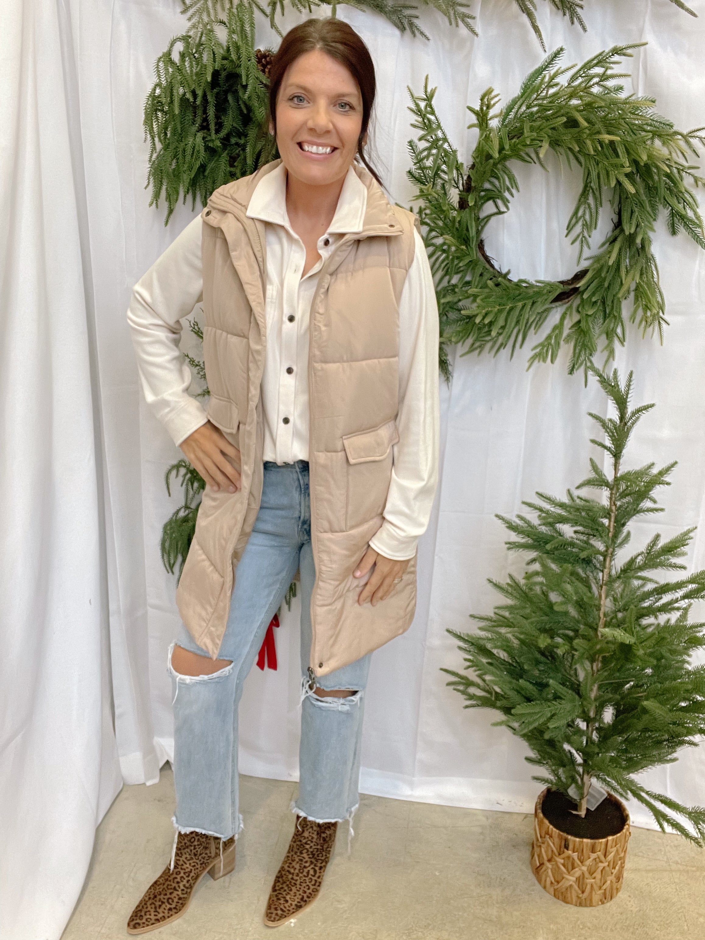 Panache Long Tan Zip Up Vest-Vests-panaache-The Silo Boutique, Women's Fashion Boutique Located in Warren and Grand Forks North Dakota