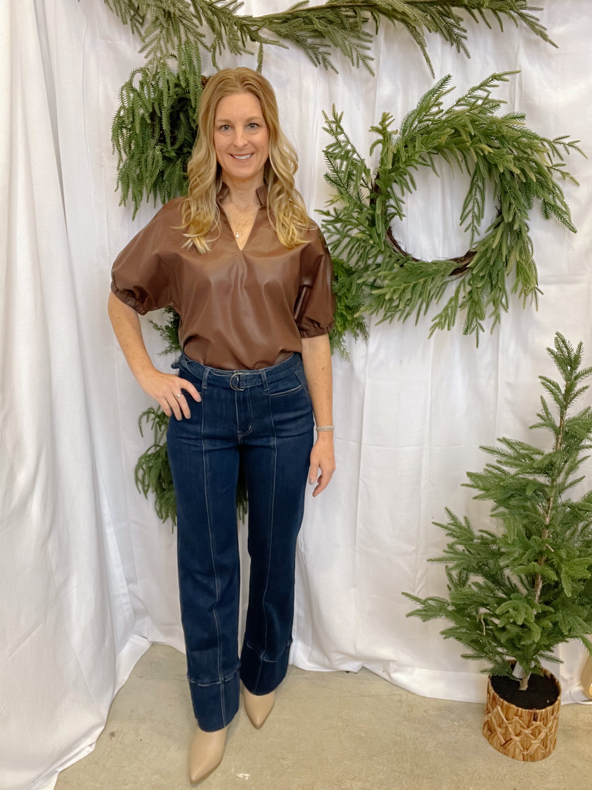 Brown Leather V Neck Sleeve Top-Final sale-Short Sleeve Tops-entro-The Silo Boutique, Women's Fashion Boutique Located in Warren and Grand Forks North Dakota