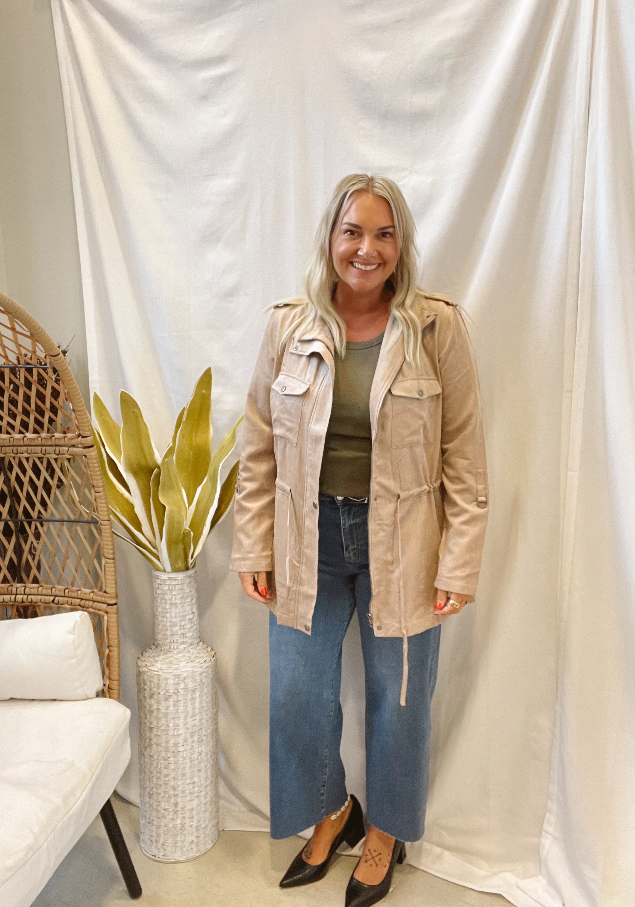 Utility Cinched Waist Jacket-Taupe-Coats & Jackets-be cool-The Silo Boutique, Women's Fashion Boutique Located in Warren and Grand Forks North Dakota