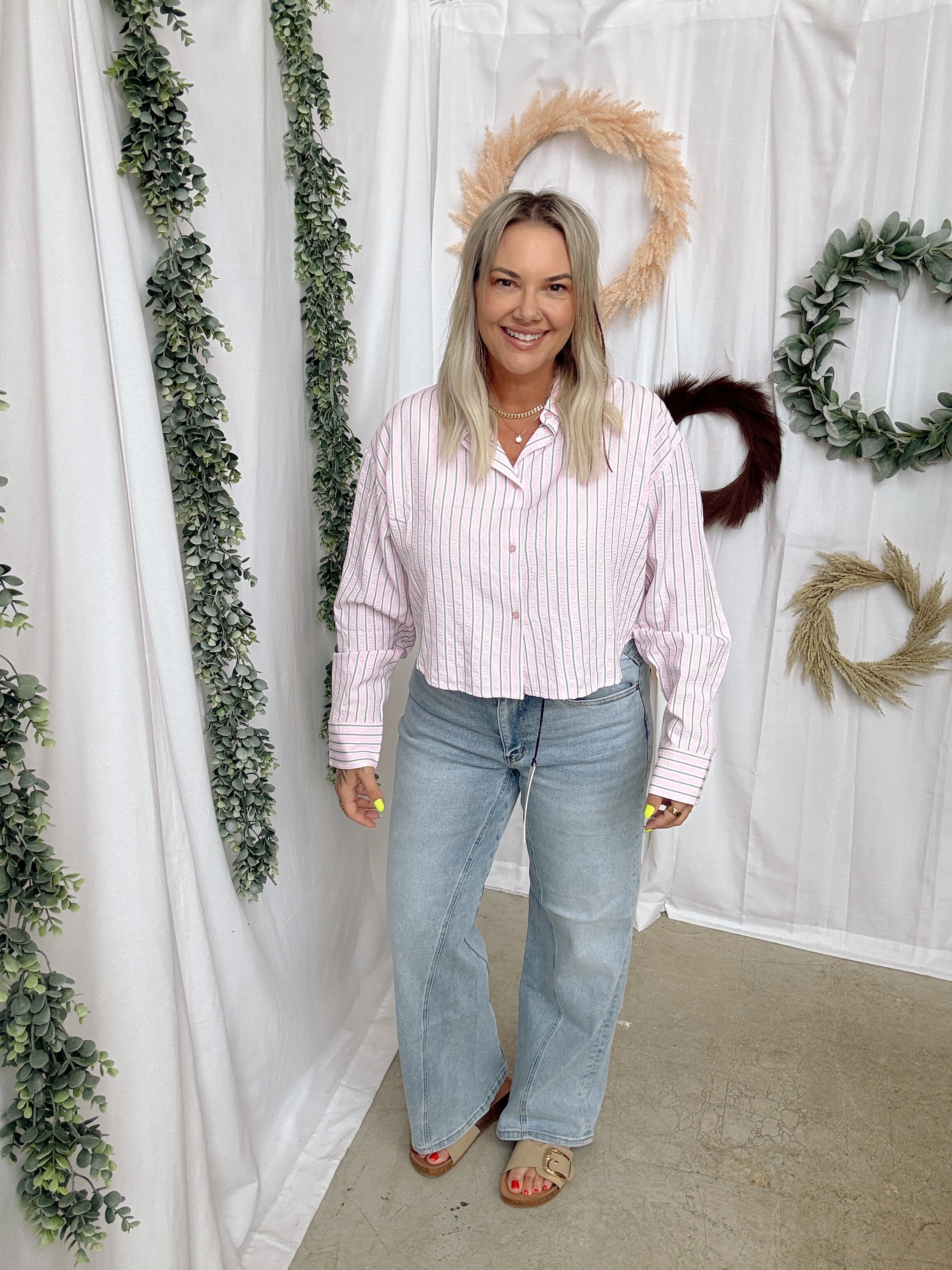 Pinstripe Crop Button Down Top-Long Sleeve Tops-curds-The Silo Boutique, Women's Fashion Boutique Located in Warren and Grand Forks North Dakota