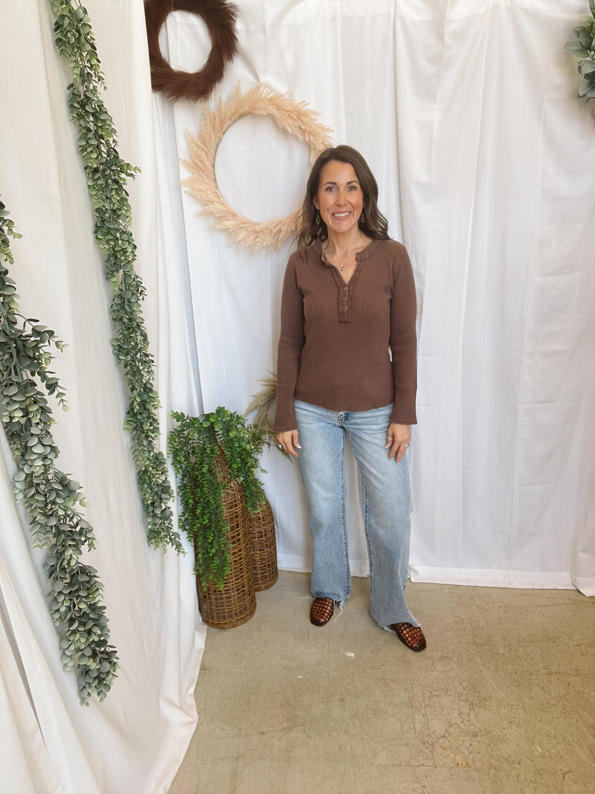 Clara Henley Top-Brown-Long Sleeve Tops-hyfve-The Silo Boutique, Women's Fashion Boutique Located in Warren and Grand Forks North Dakota