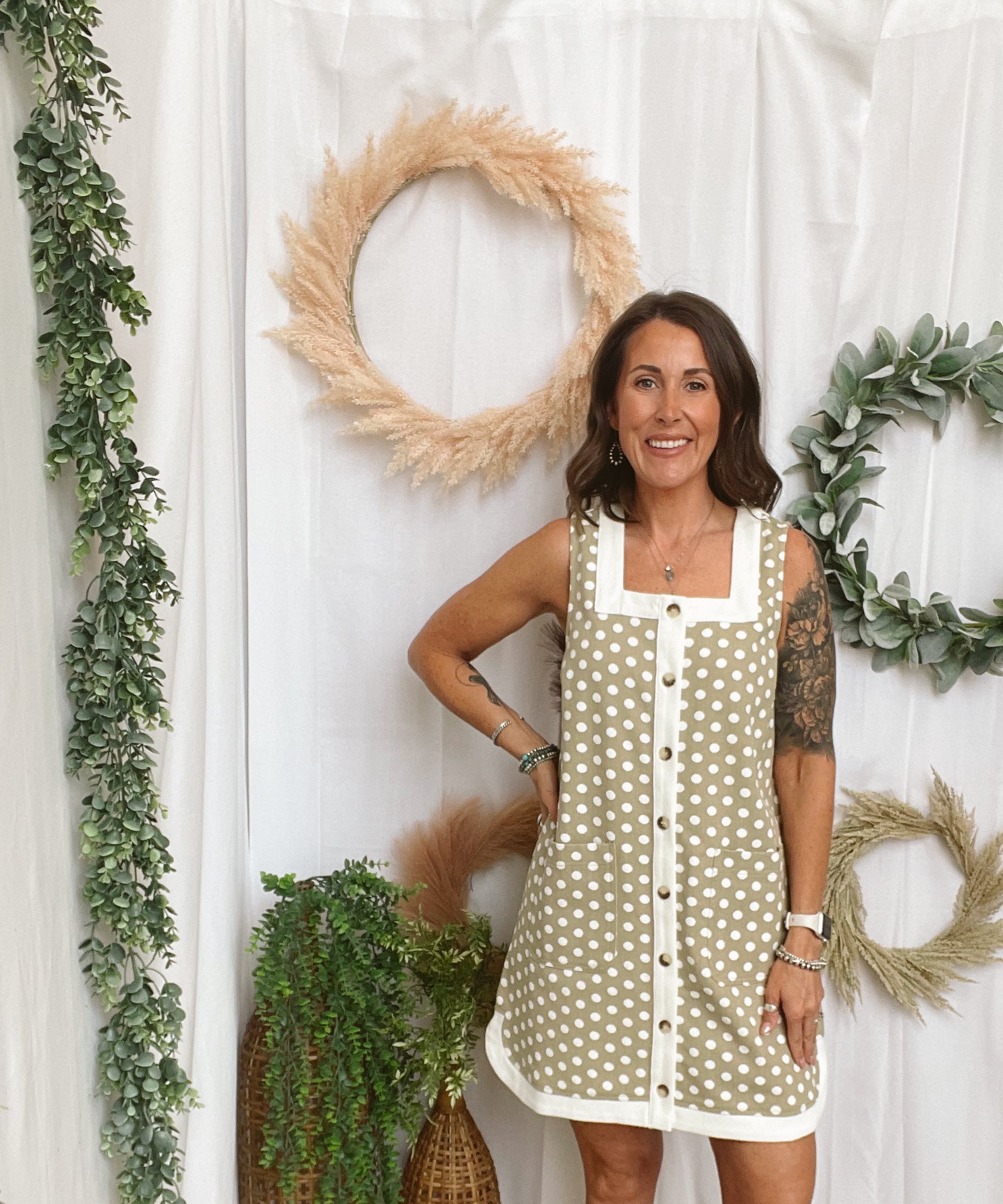 Suzie Sand Polka Dot Dress-Dresses-ENTRO-The Silo Boutique, Women's Fashion Boutique Located in Warren and Grand Forks North Dakota