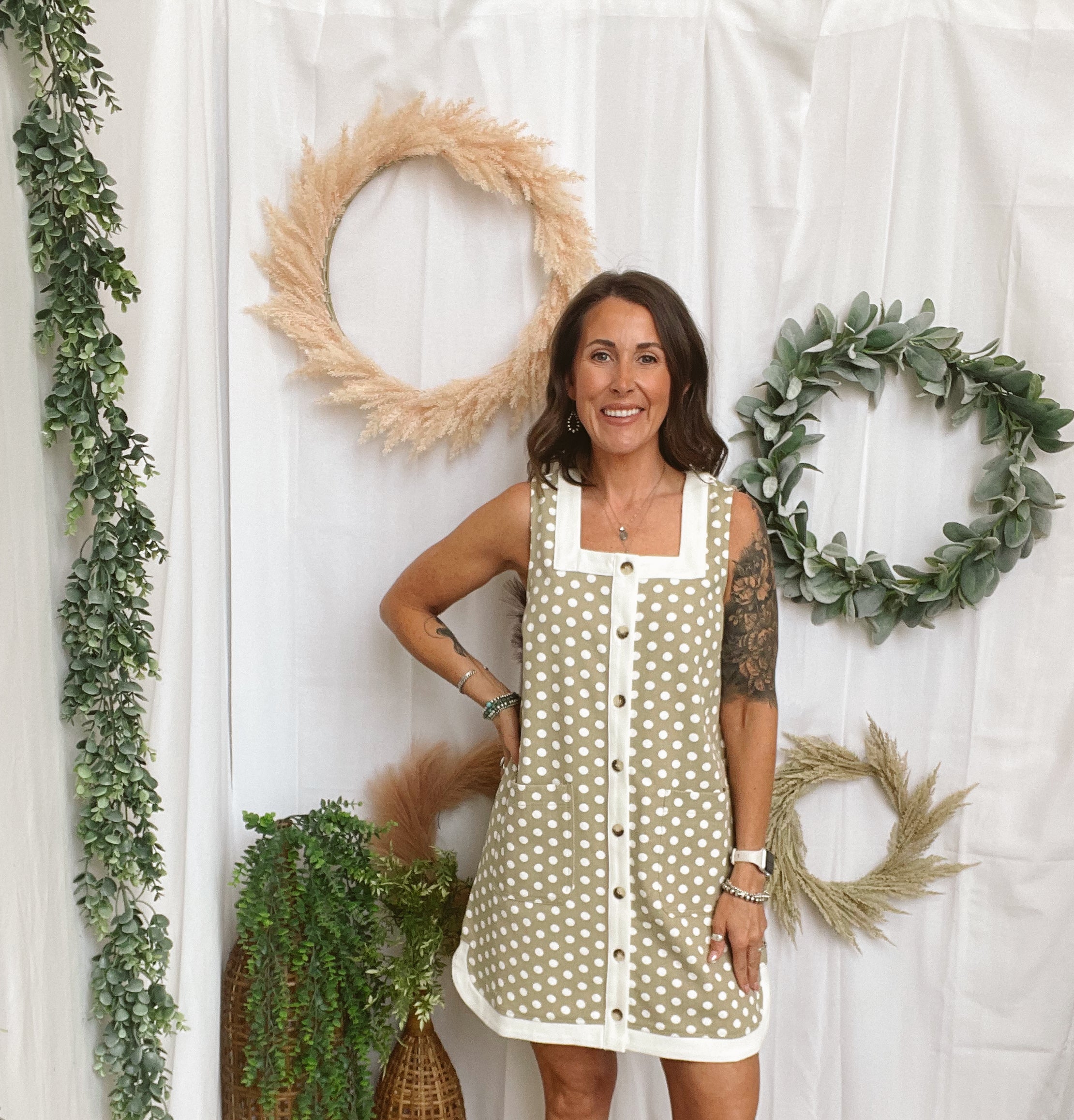 Suzie Sand Polka Dot Dress-Dresses-ENTRO-The Silo Boutique, Women's Fashion Boutique Located in Warren and Grand Forks North Dakota