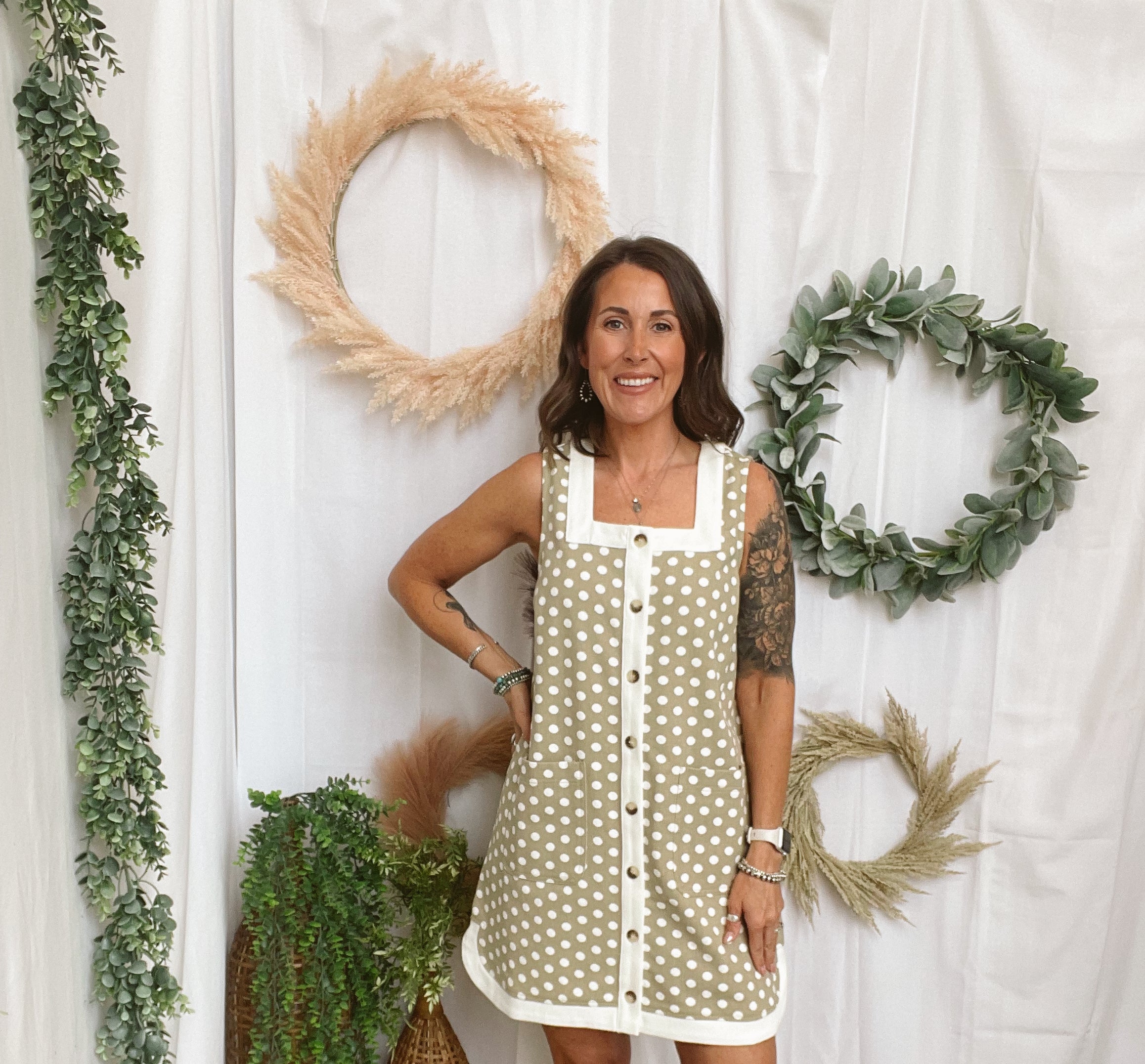 Suzie Sand Polka Dot Dress-Dresses-ENTRO-The Silo Boutique, Women's Fashion Boutique Located in Warren and Grand Forks North Dakota