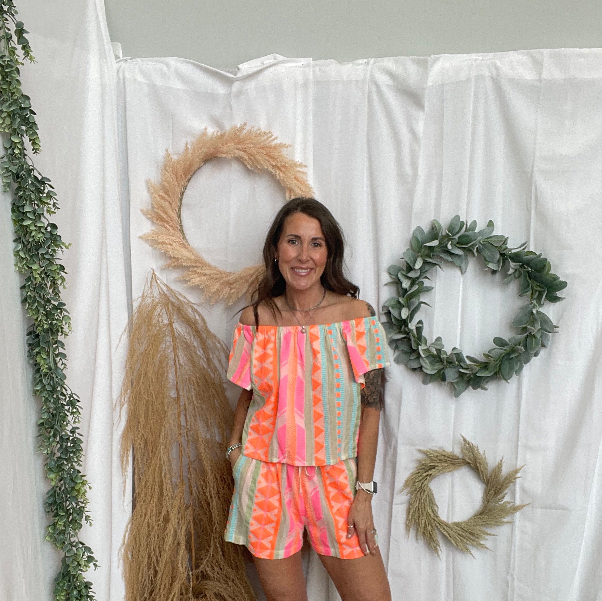 Elan Neon Aztec Off Shoulder Top-Final Sale-Short Sleeve Tops-elan-The Silo Boutique, Women's Fashion Boutique Located in Warren and Grand Forks North Dakota