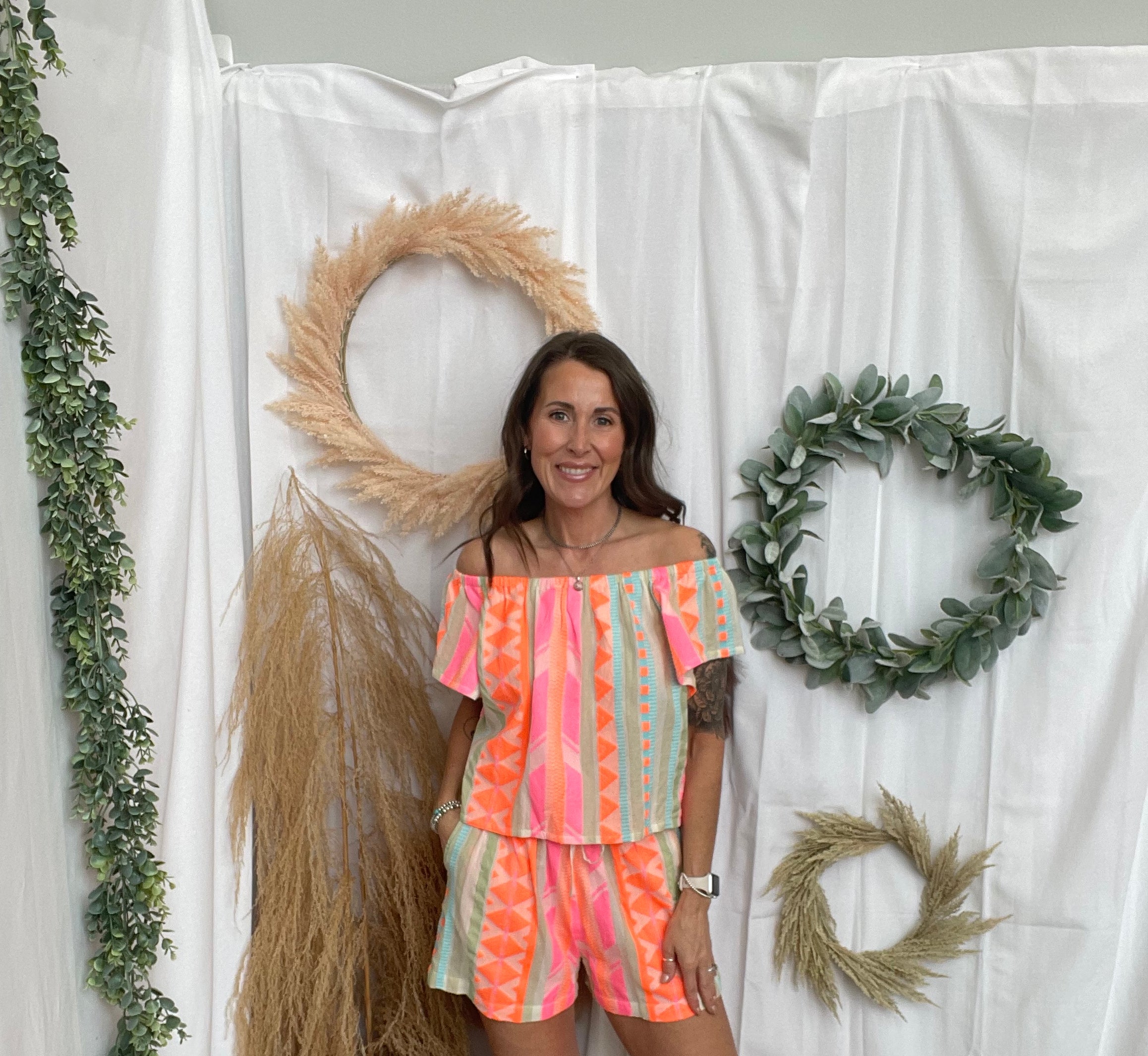 Elan Neon Aztec Off Shoulder Top-Final Sale-Short Sleeve Tops-elan-The Silo Boutique, Women's Fashion Boutique Located in Warren and Grand Forks North Dakota
