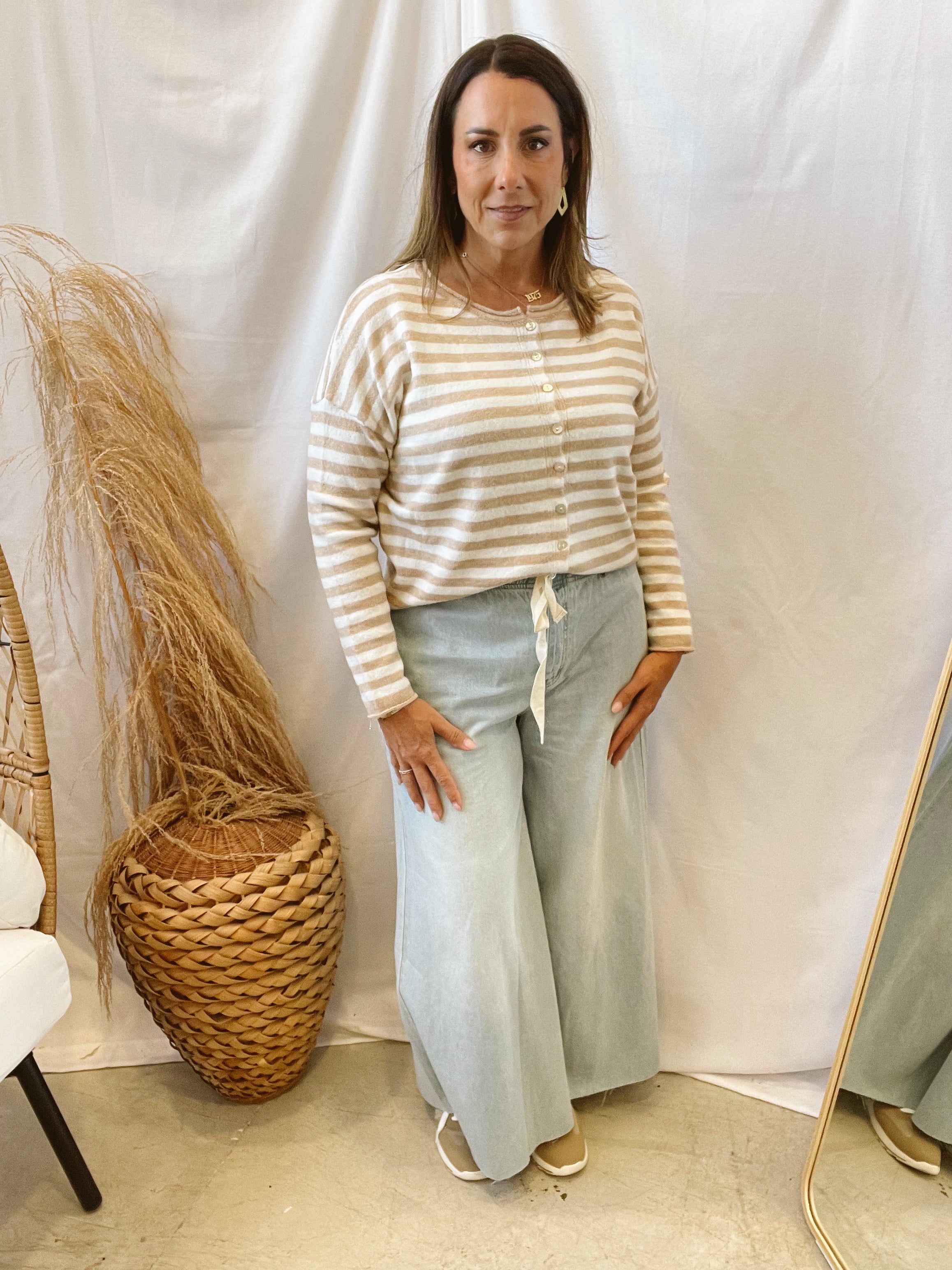 Taupe Striped Sweater Cardigan-Final sale-Sweaters-staccato-The Silo Boutique, Women's Fashion Boutique Located in Warren and Grand Forks North Dakota