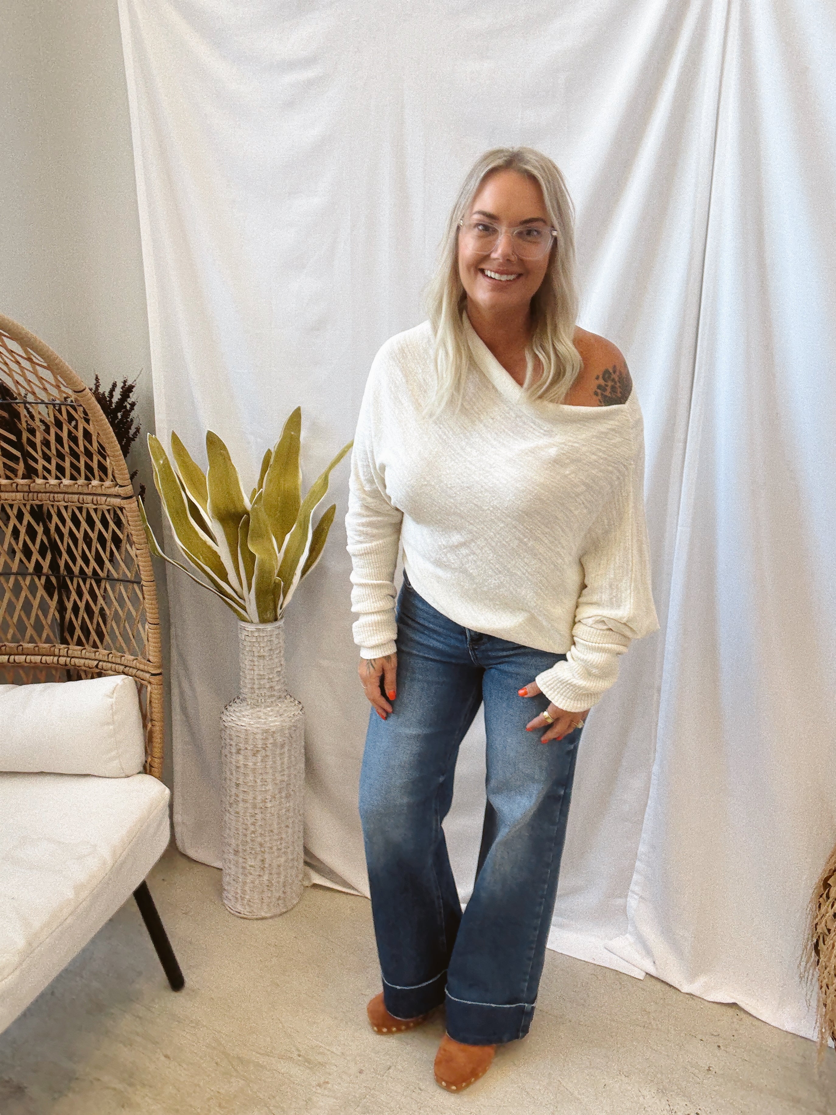 Slub Asymmetrical Cream Sweater-Final Sale-Long Sleeve Tops-promesa-The Silo Boutique, Women's Fashion Boutique Located in Warren and Grand Forks North Dakota