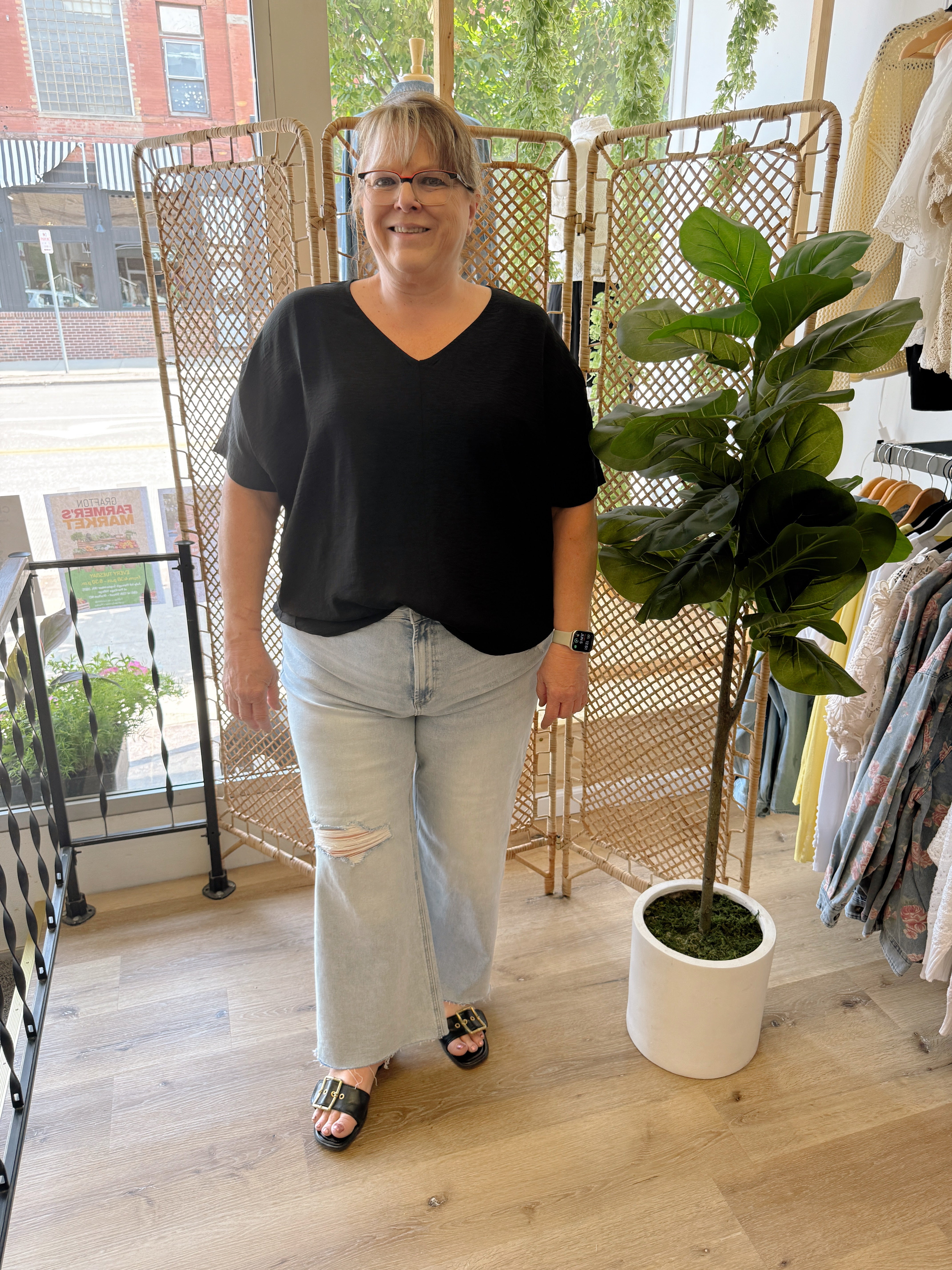 Zen V Neck Seam Top-Black-Short Sleeve Tops-Zenana-The Silo Boutique, Women's Fashion Boutique Located in Warren and Grand Forks North Dakota