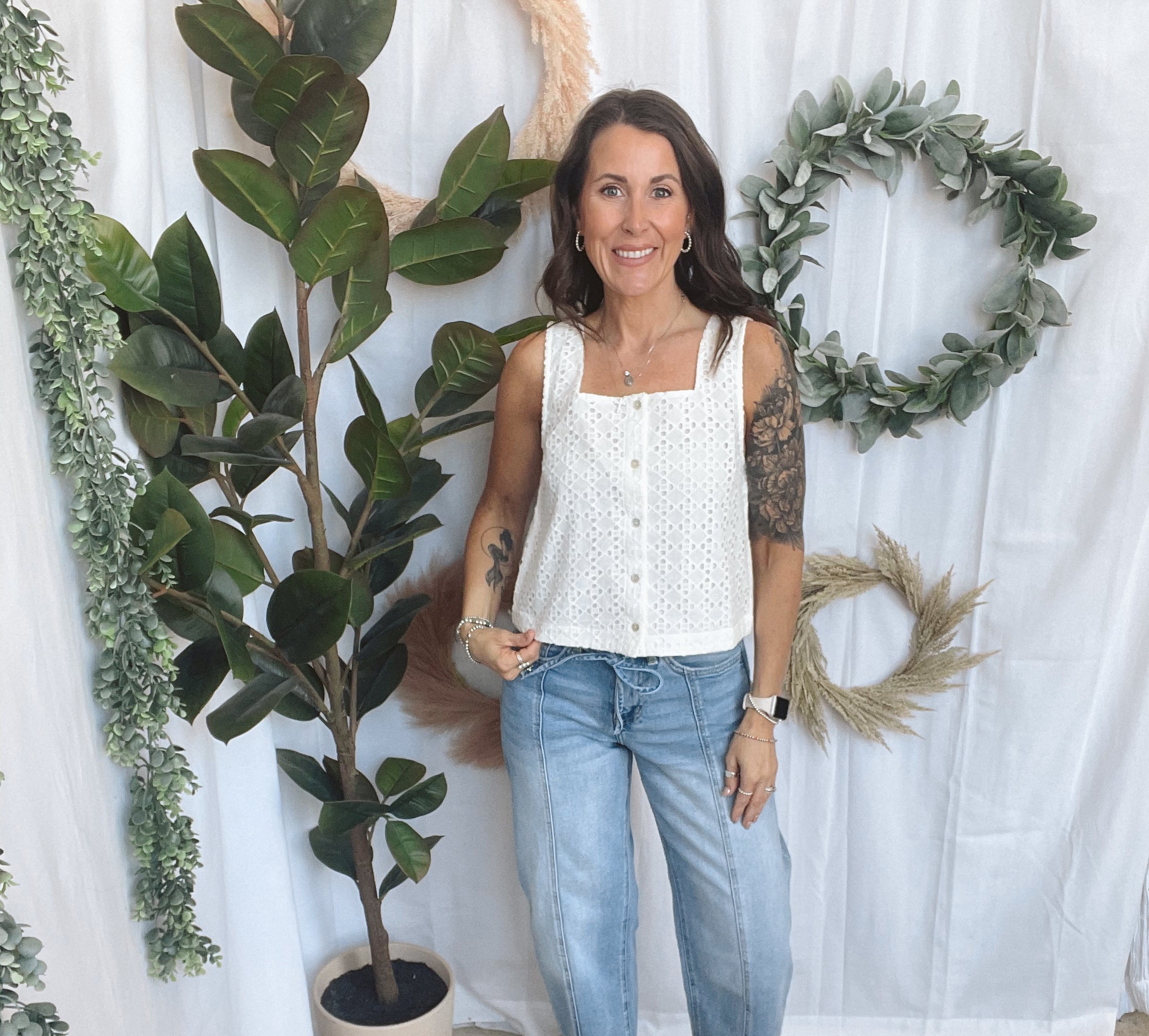 Eyelet Button Tank Top-White-Tank Tops-entro-The Silo Boutique, Women's Fashion Boutique Located in Warren and Grand Forks North Dakota