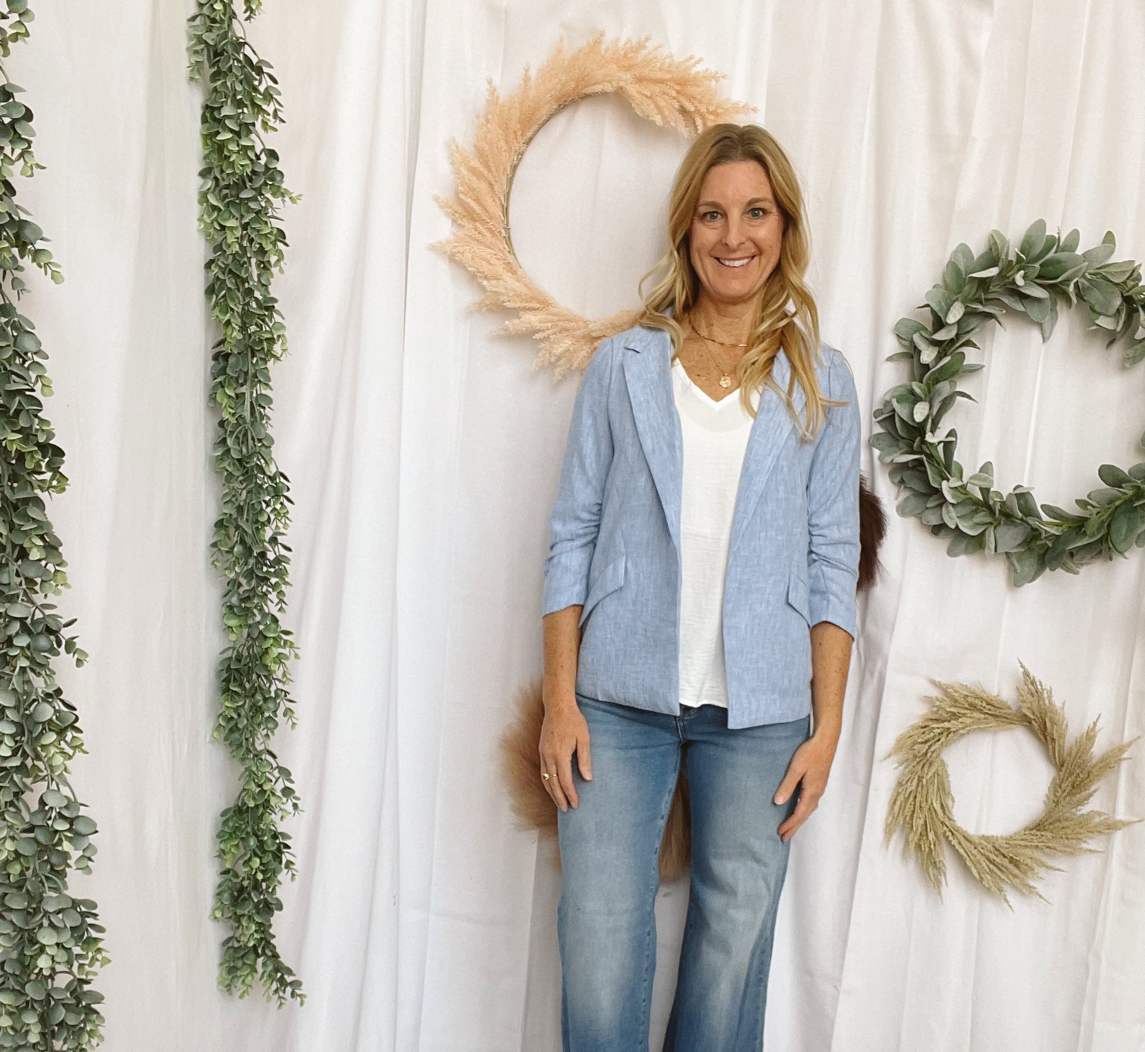 Skies Chambray Blazer-Blazers-skies are blue-The Silo Boutique, Women's Fashion Boutique Located in Warren and Grand Forks North Dakota
