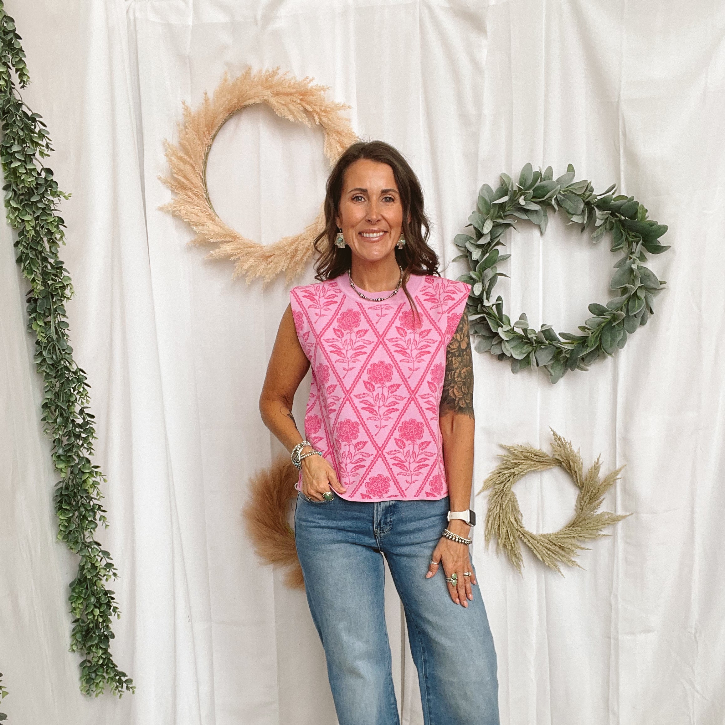 Kennedy Pink Floral Sweater Tank Top-Short Sleeve Tops-ENTRO-The Silo Boutique, Women's Fashion Boutique Located in Warren and Grand Forks North Dakota