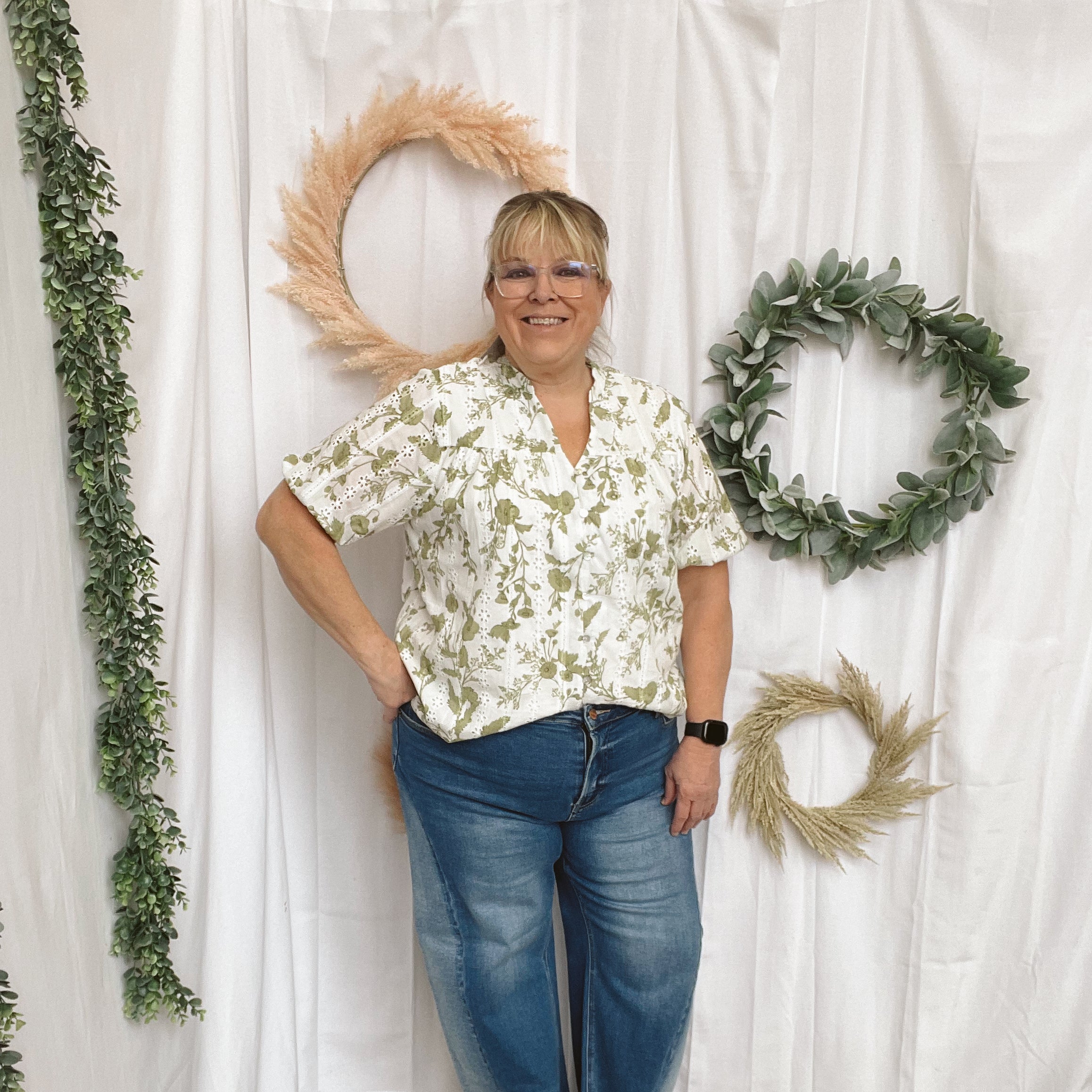 Jackie Floral Eyelet Top-Short Sleeve Tops-ENTRO-The Silo Boutique, Women's Fashion Boutique Located in Warren and Grand Forks North Dakota
