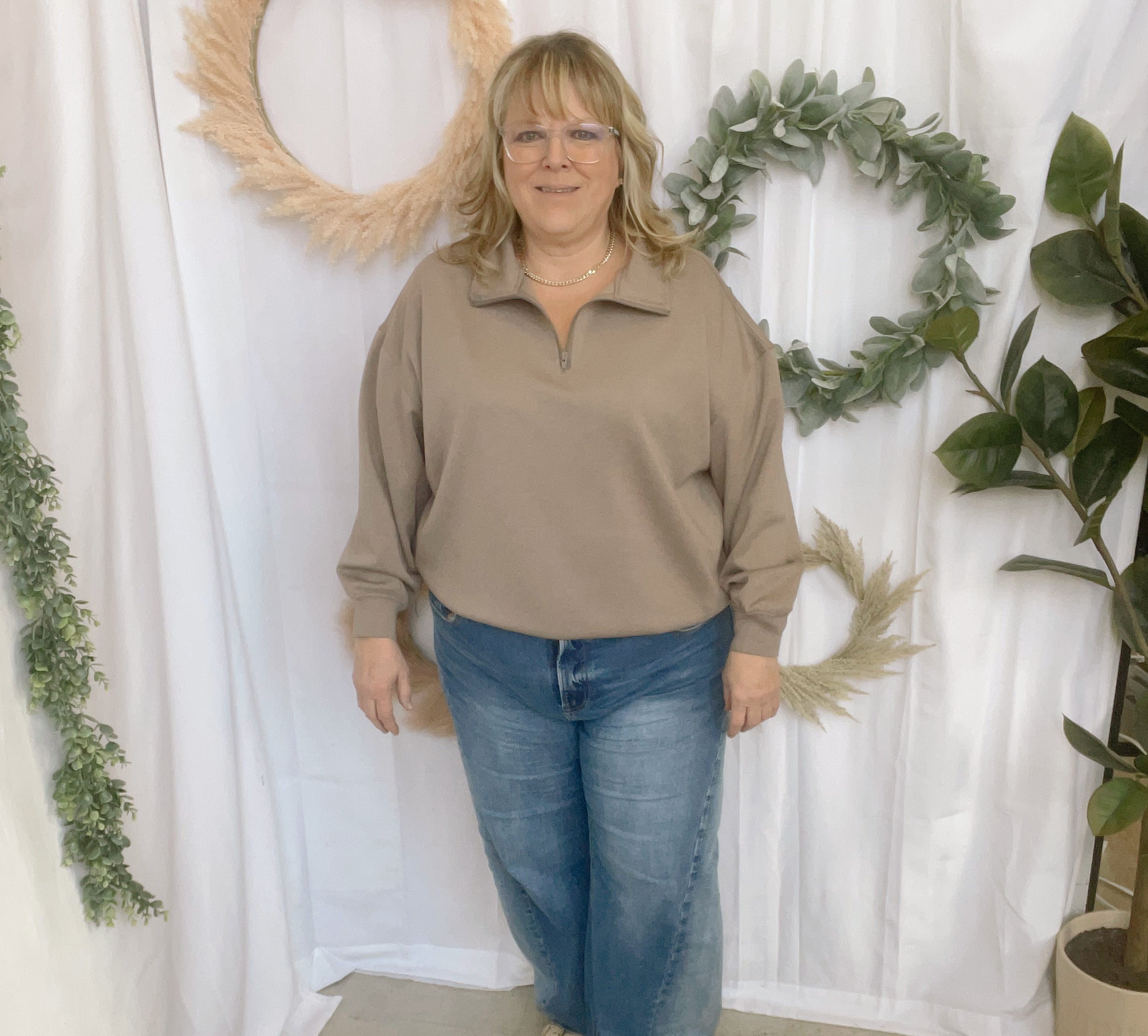 Zoe Scuba Quarter Zip Sweatshirt-Taupe-Sweatshirts-Zenana-The Silo Boutique, Women's Fashion Boutique Located in Warren and Grand Forks North Dakota