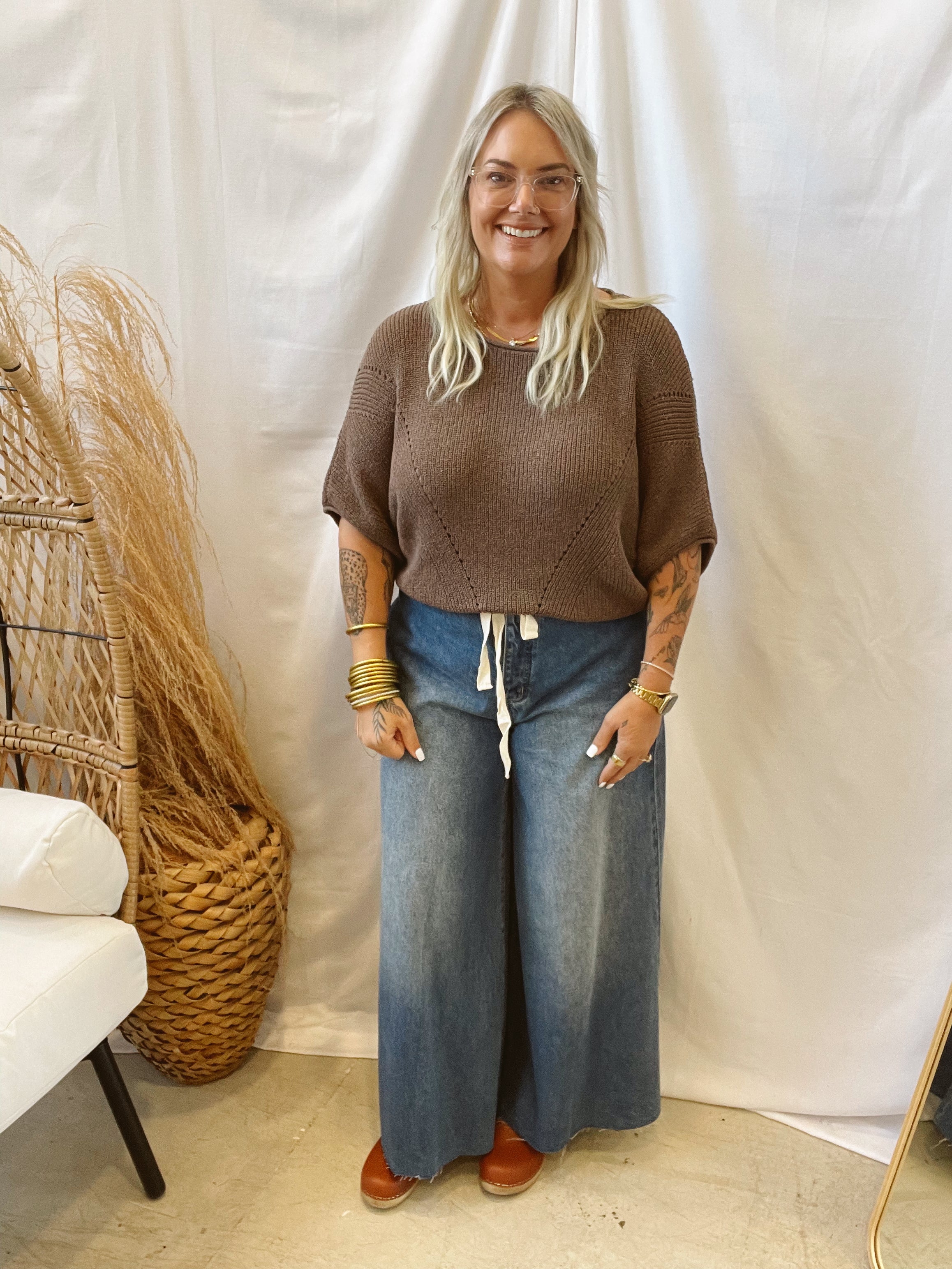 Pointelle Short Sleeve Sweater-Espresso-Final Sale-Sweaters-promesa-The Silo Boutique, Women's Fashion Boutique Located in Warren and Grand Forks North Dakota