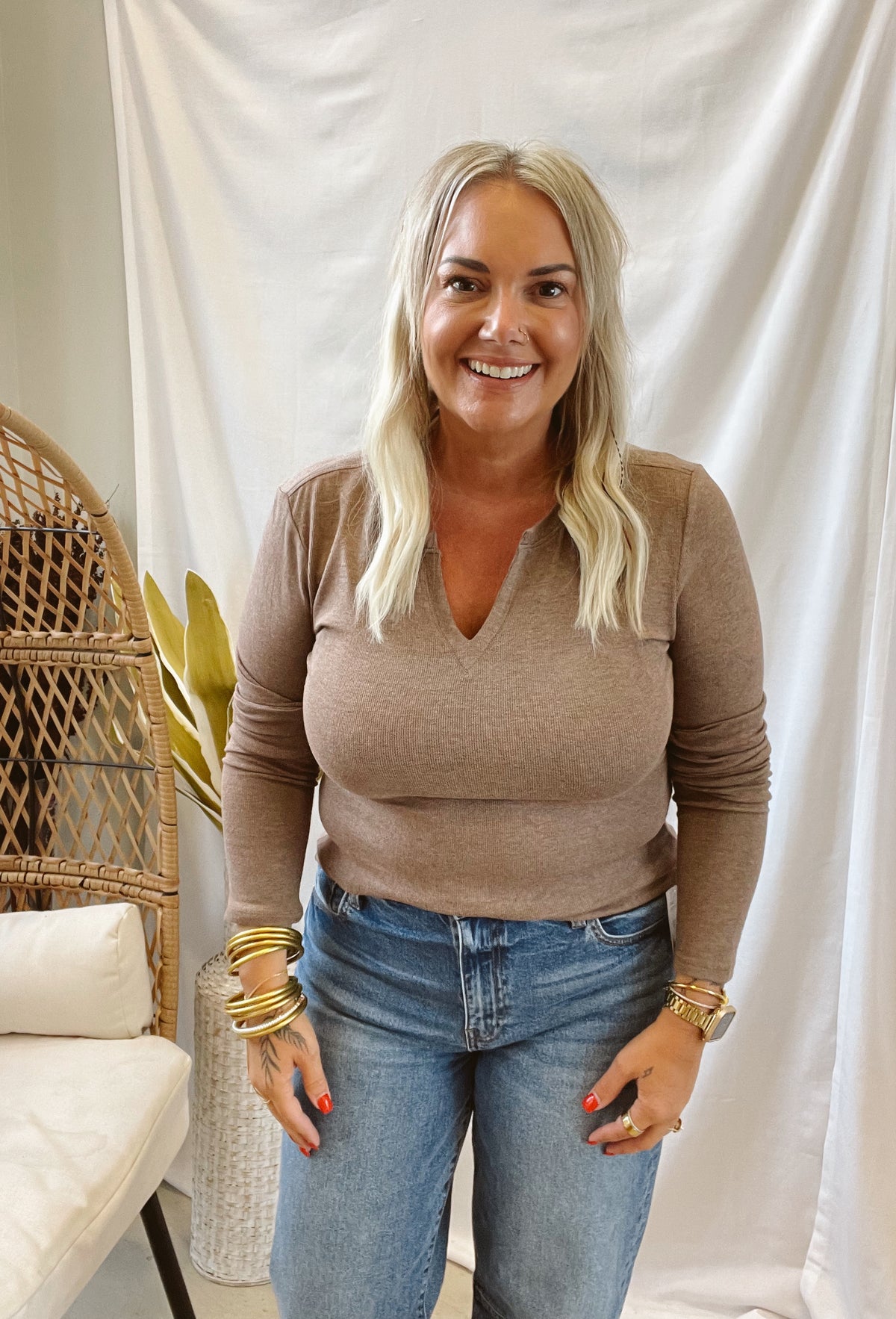 Be Cool Notched V Neck Long Sleeve Top-Long Sleeve Tops-be cool-The Silo Boutique, Women's Fashion Boutique Located in Warren and Grand Forks North Dakota