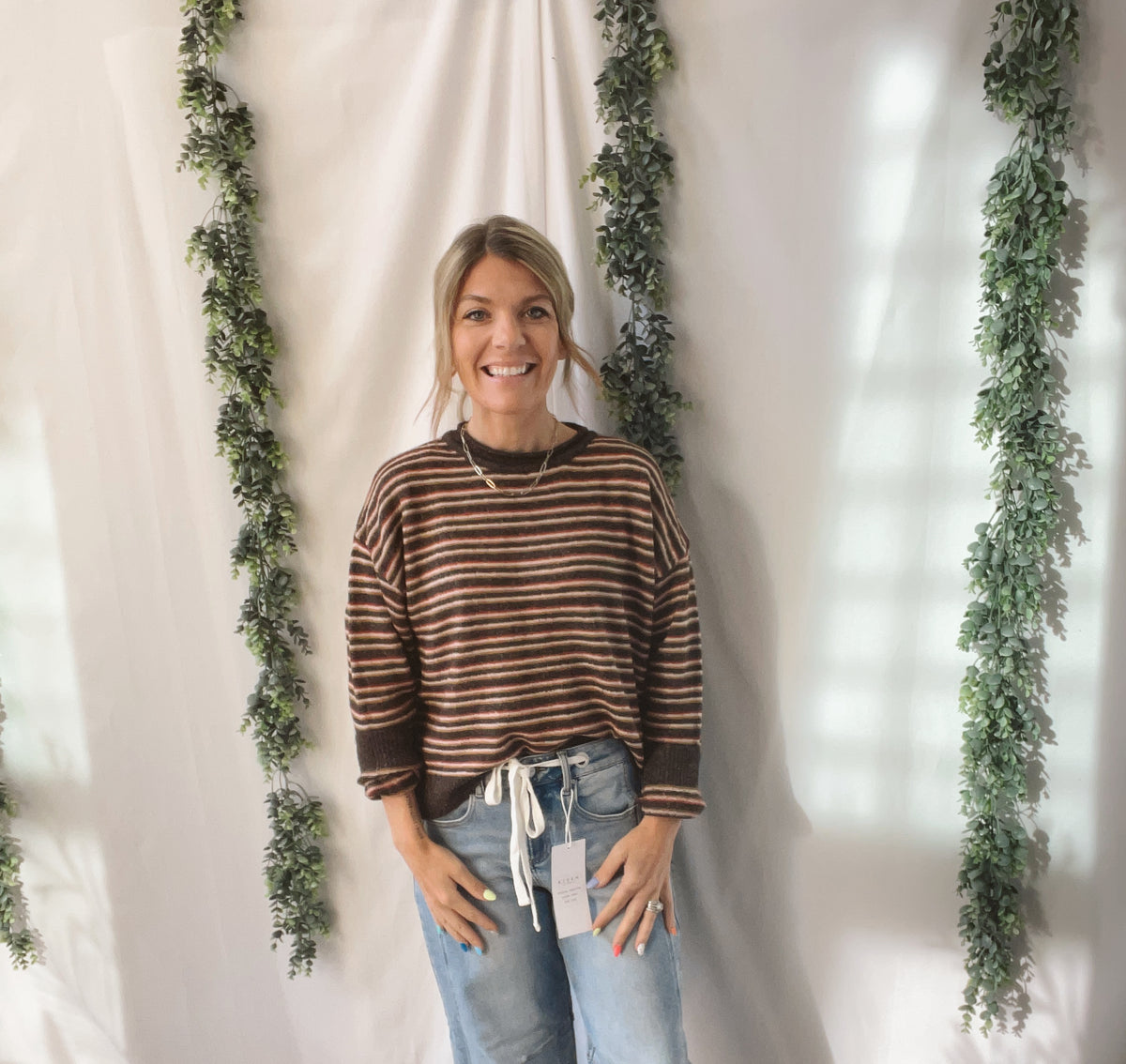 By Together Chocolate Blush Striped Sweater-Cardigans-by together-The Silo Boutique, Women's Fashion Boutique Located in Warren and Grand Forks North Dakota