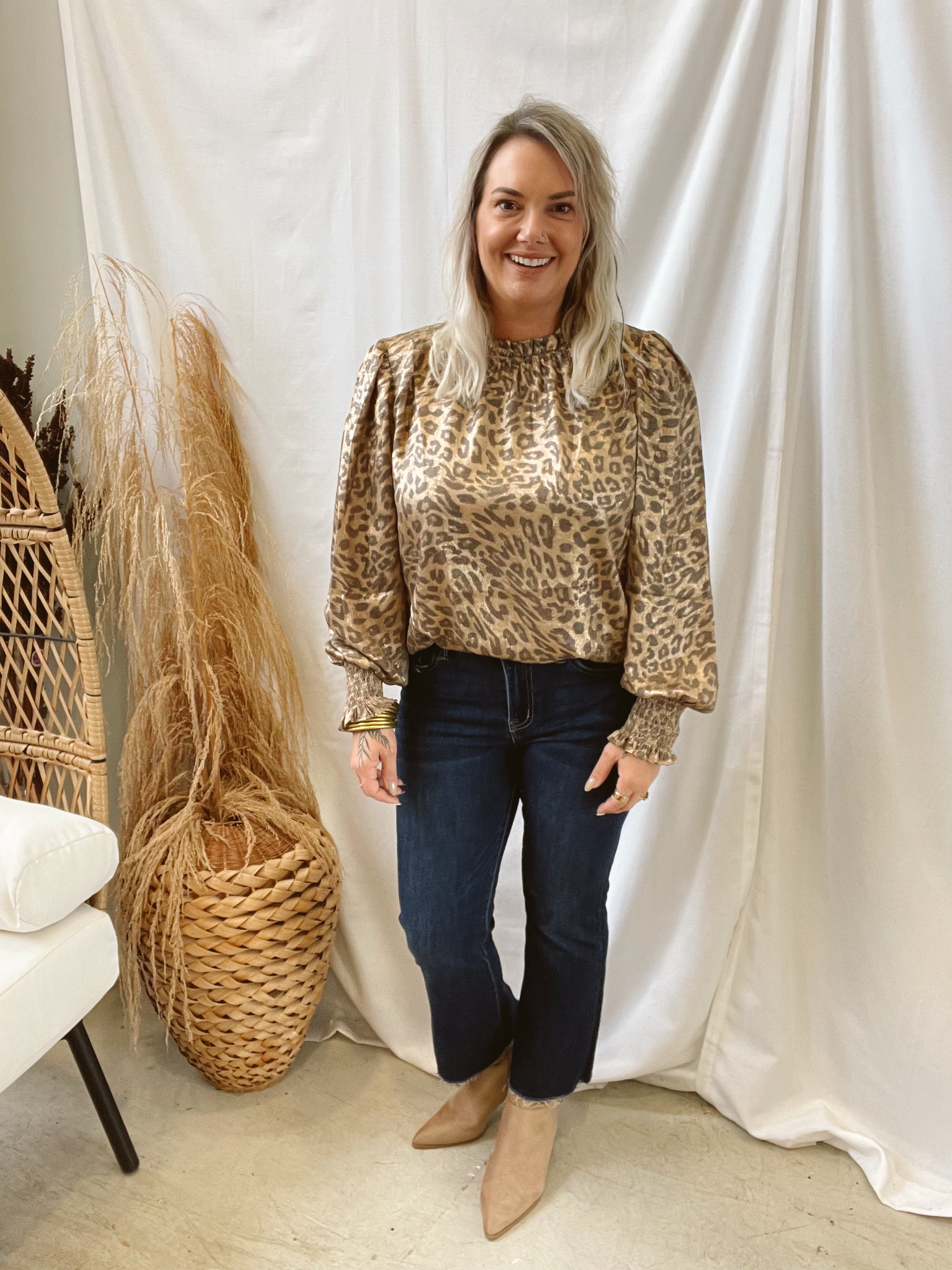 Leopard Metallic Long Sleeve Top-Final Sale-Long Sleeve Tops-oddi-The Silo Boutique, Women's Fashion Boutique Located in Warren and Grand Forks North Dakota