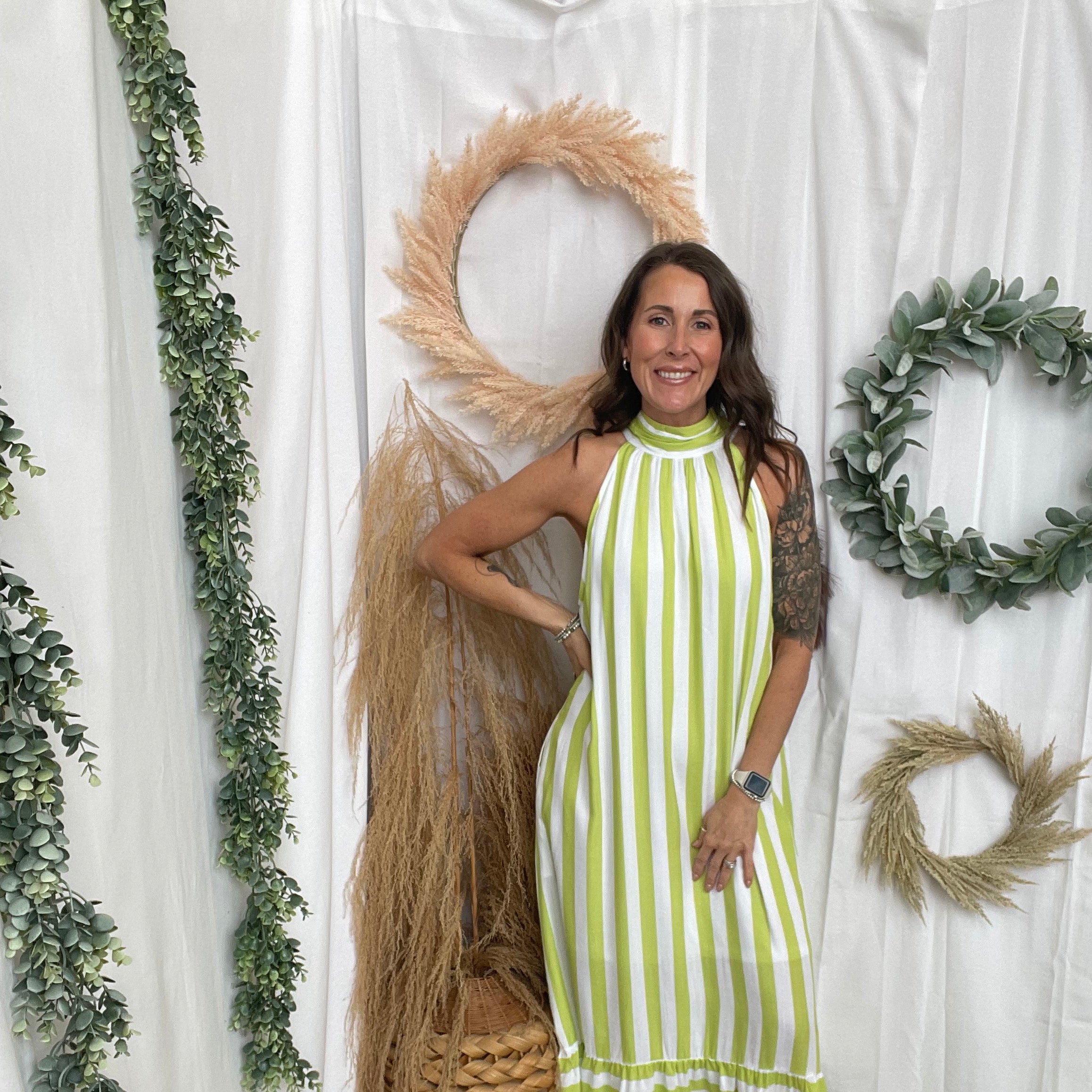 Lime Stripe Halter Dress-Dresses-entro-The Silo Boutique, Women's Fashion Boutique Located in Warren and Grand Forks North Dakota
