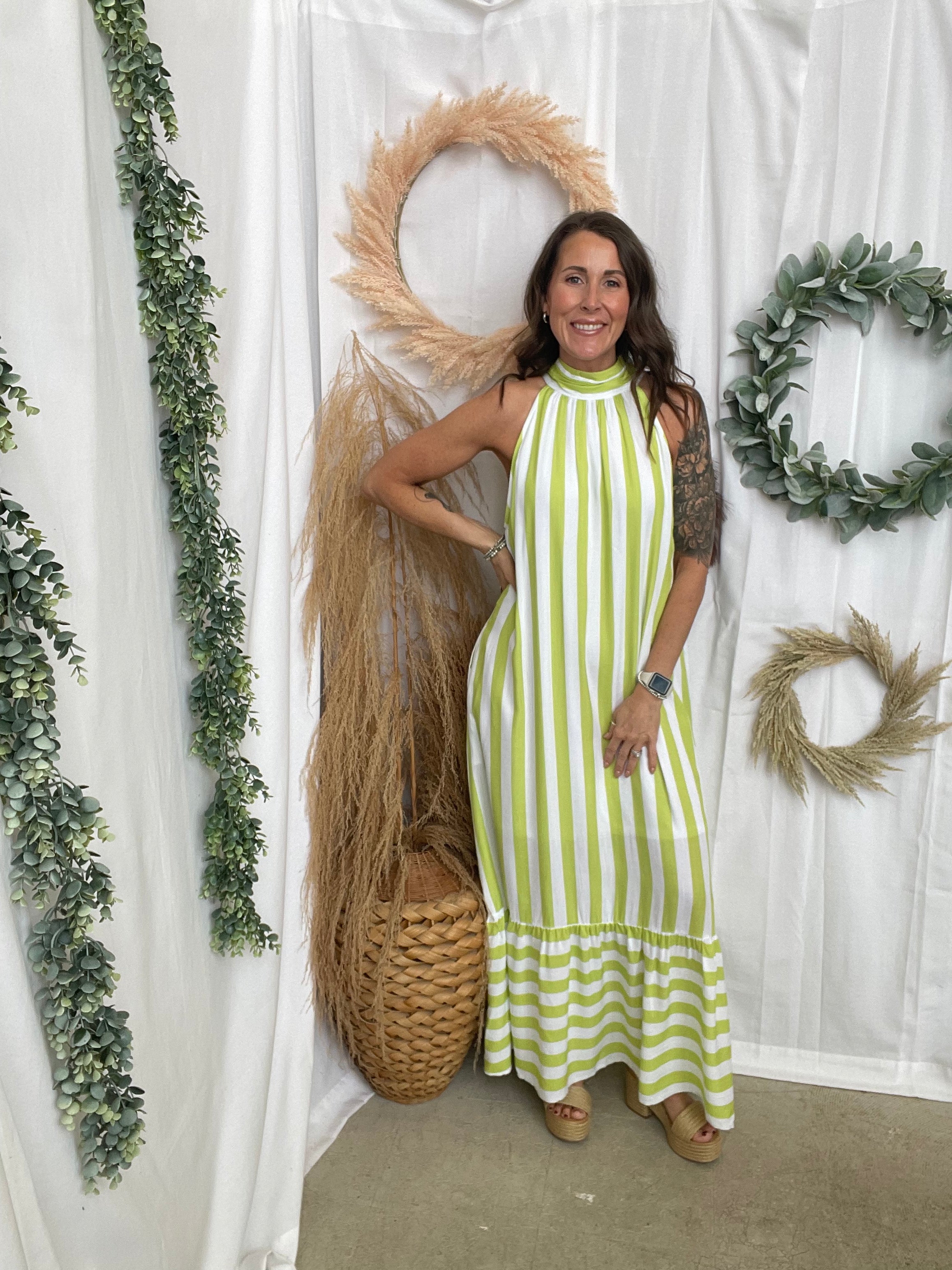 Lime Stripe Halter Dress-Dresses-entro-The Silo Boutique, Women's Fashion Boutique Located in Warren and Grand Forks North Dakota